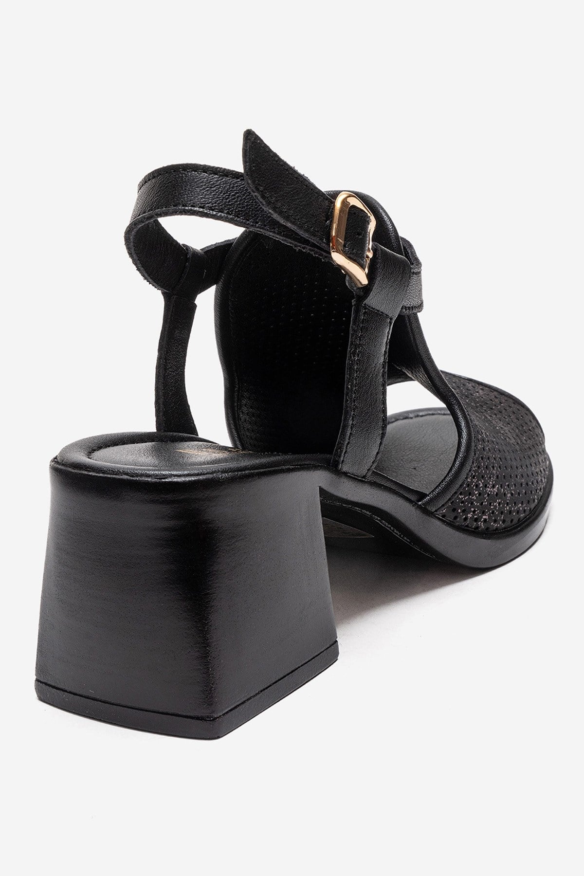 JANELLE - Black Genuine Leather Block Heel Sandal – heel view showing leather, black, Vowalisse