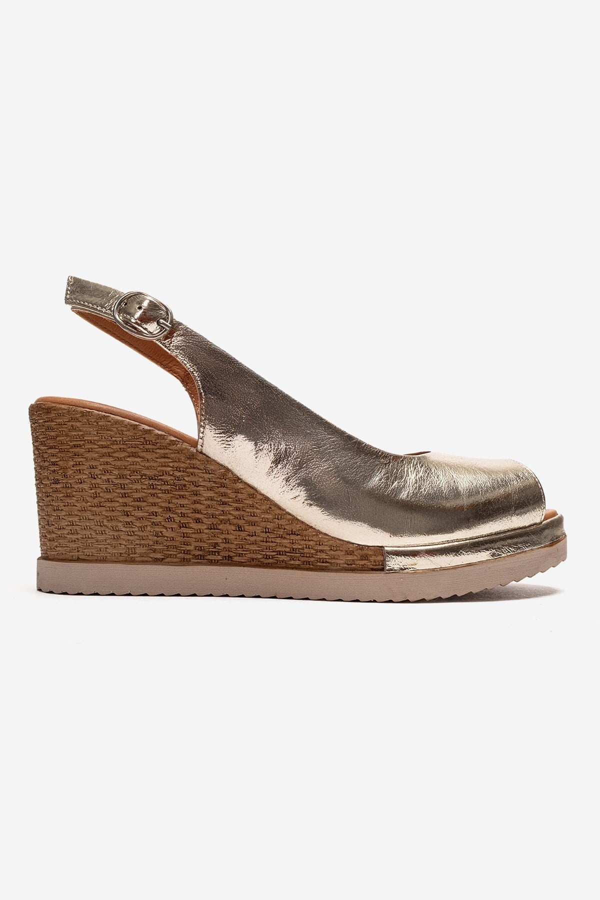 HELINA - Gold Genuine Leather Wedge Sandal – heel view showing leather, gold, Vowalisse