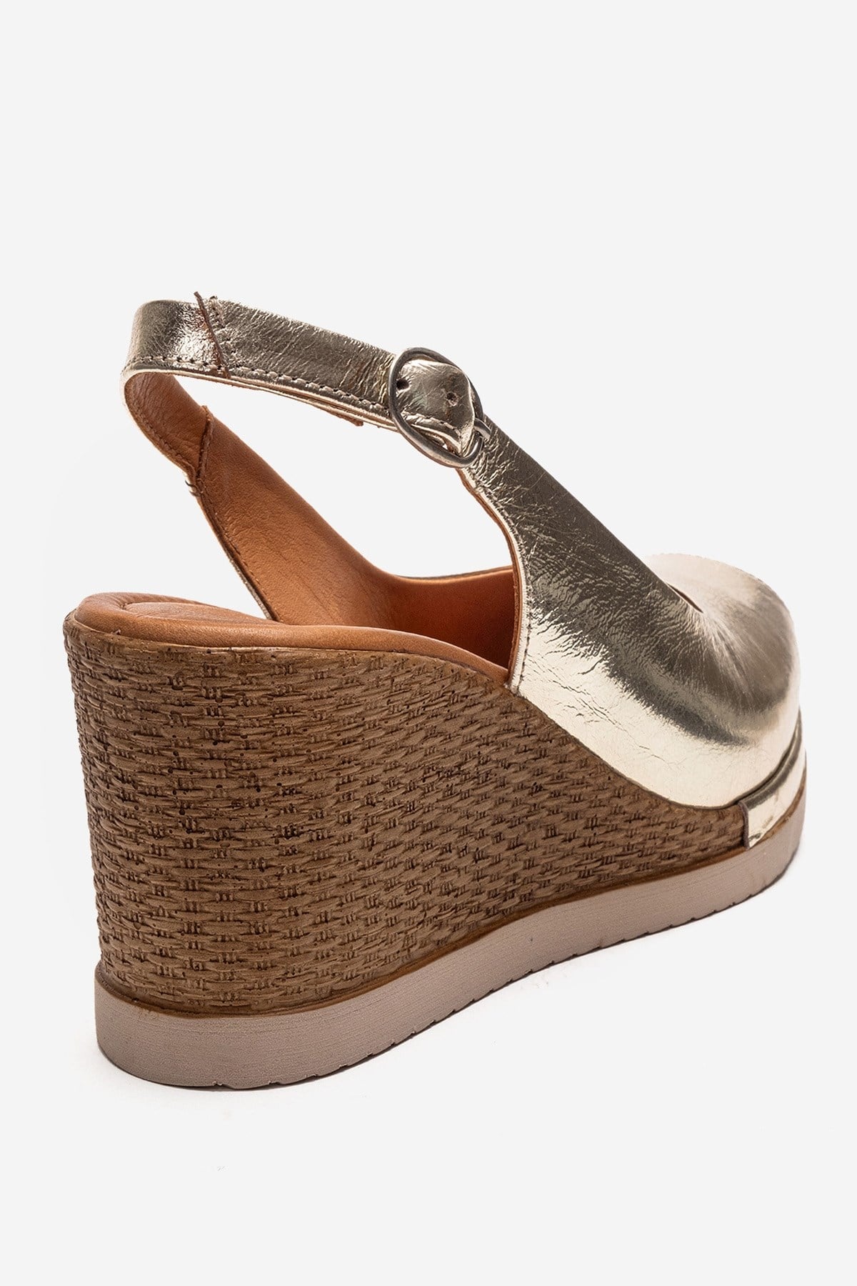 HELINA - Gold Genuine Leather Wedge Sandal – back view showing leather, gold, Vowalisse