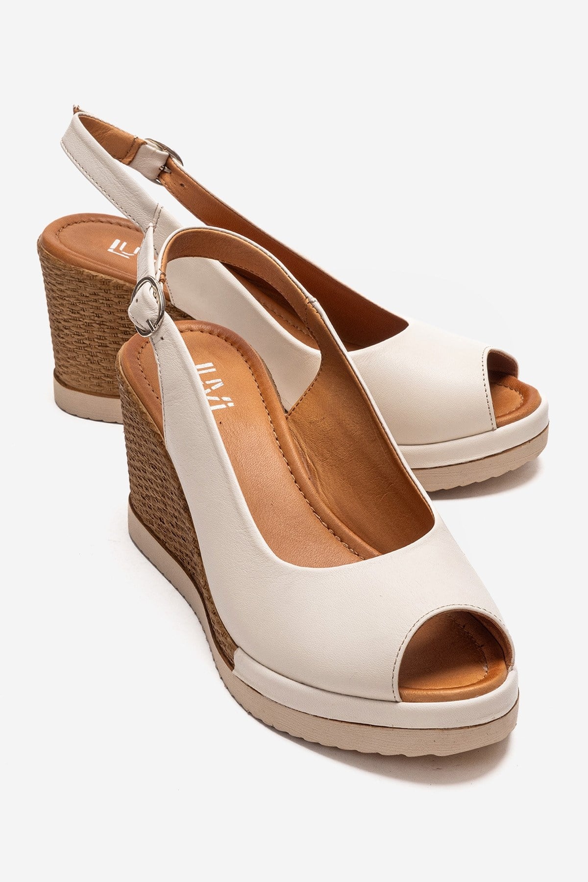 HELINA - Beige Genuine Leather Wedge Sandal – front three-quarter view showing leather, Vowalisse