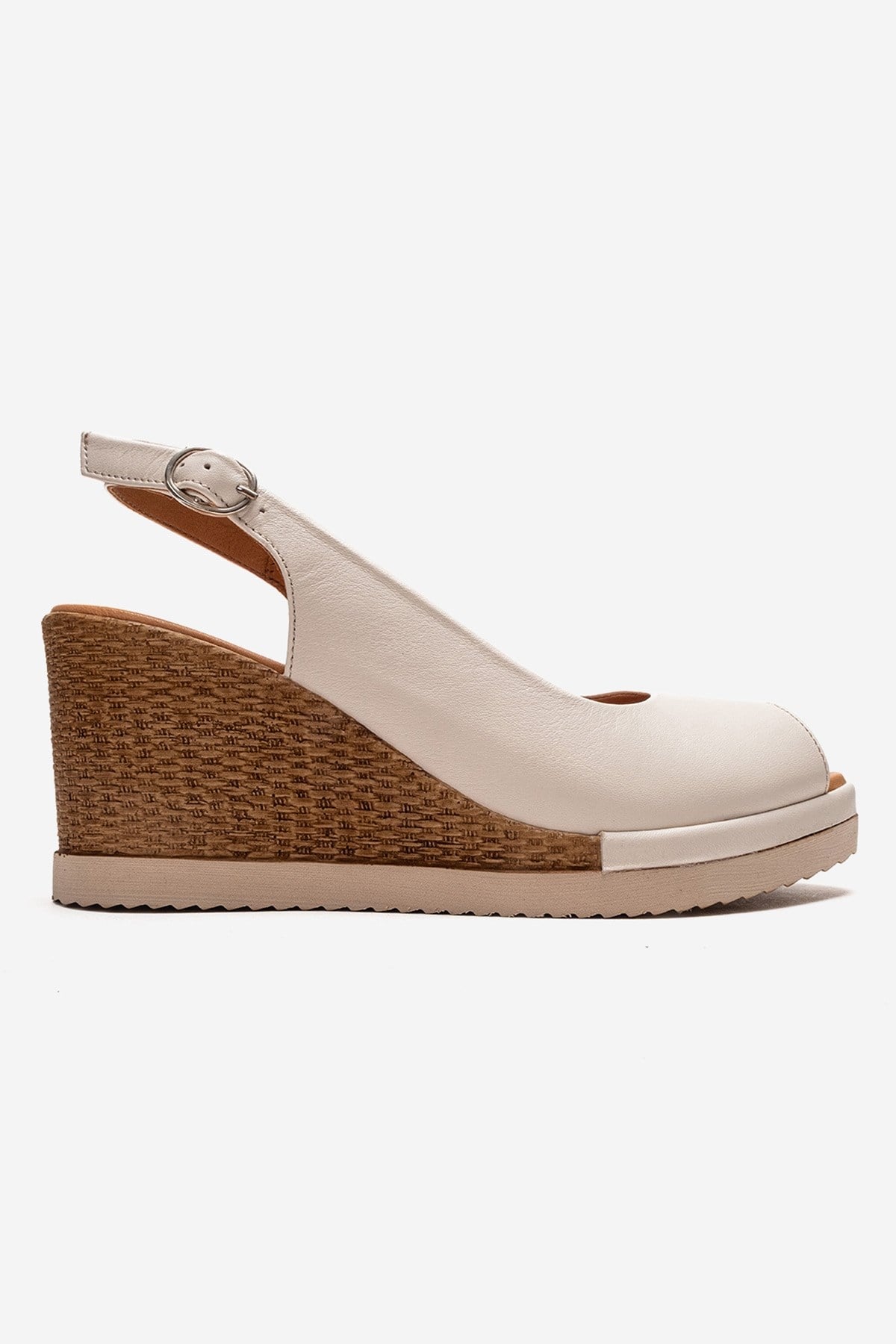 HELINA - Beige Genuine Leather Wedge Sandal – heel view showing leather, Vowalisse