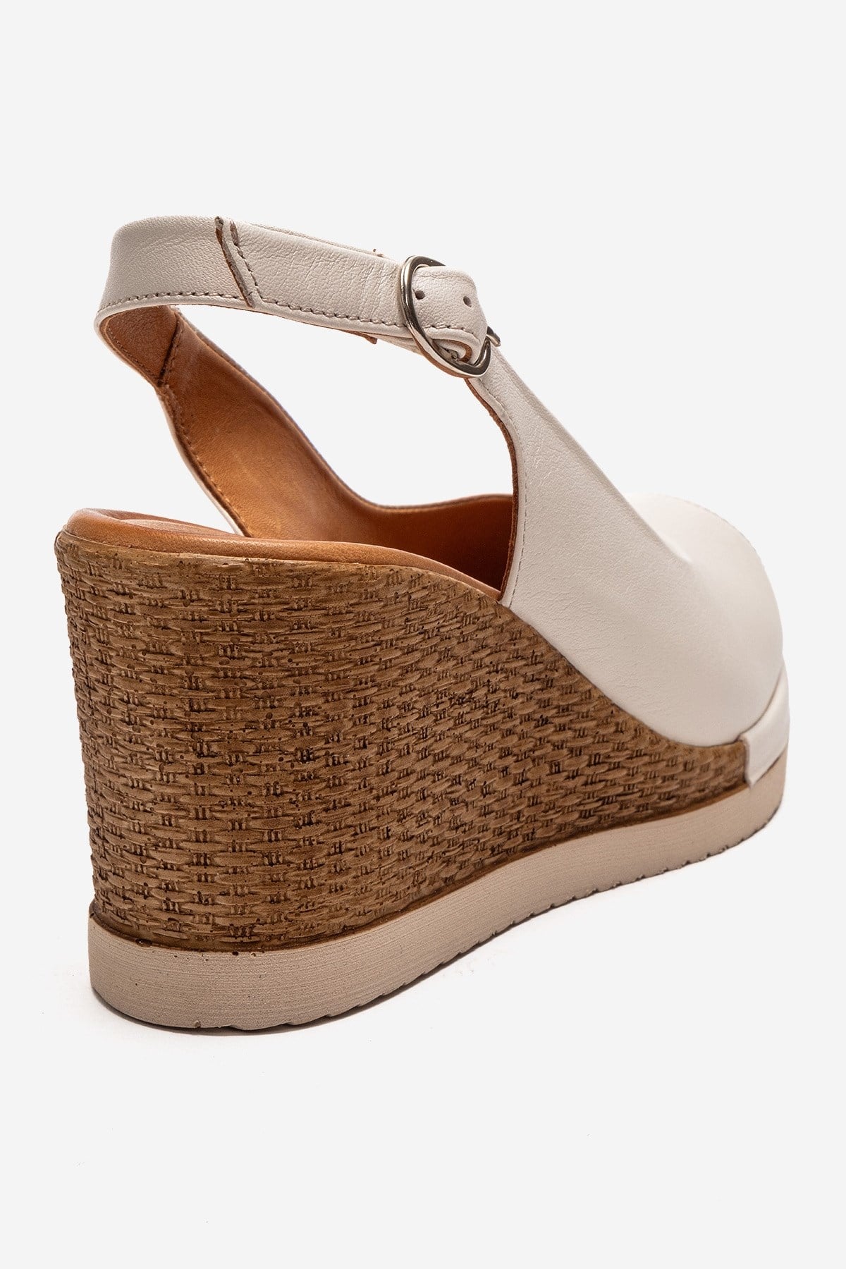 HELINA - Beige Genuine Leather Wedge Sandal – back view showing leather, Vowalisse