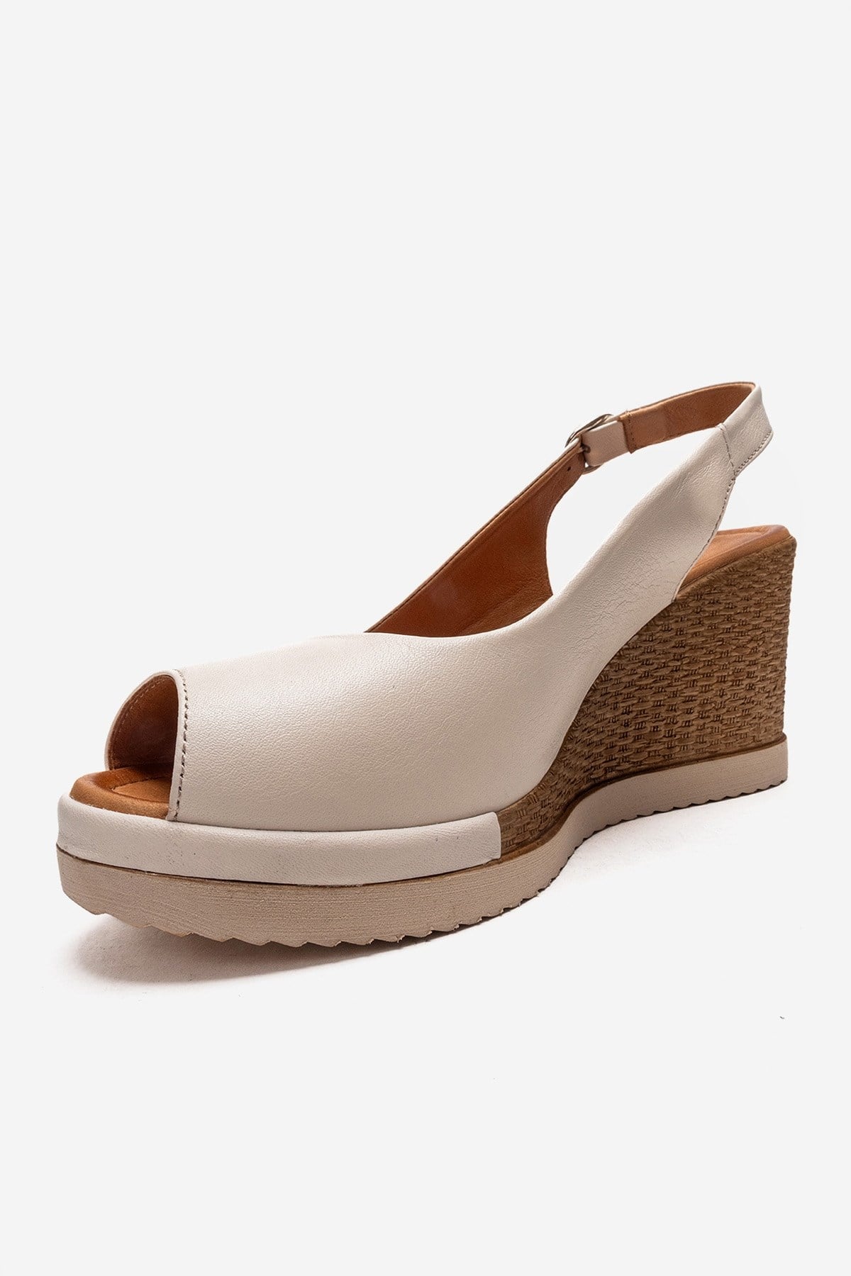 HELINA - Beige Genuine Leather Wedge Sandal – top view showing leather, Vowalisse