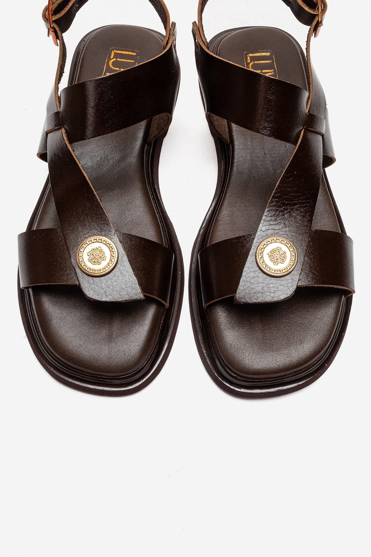 QUELLA - Brown Genuine Leather Buckle Sandal – side view showing leather, Vowalisse