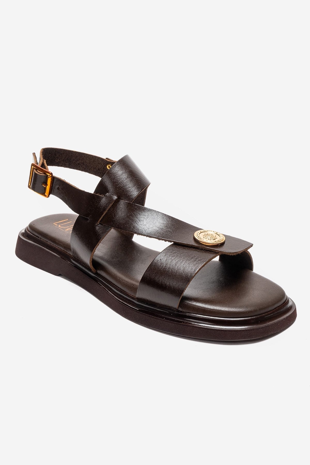 QUELLA - Brown Genuine Leather Buckle Sandal – detail view showing leather, Vowalisse