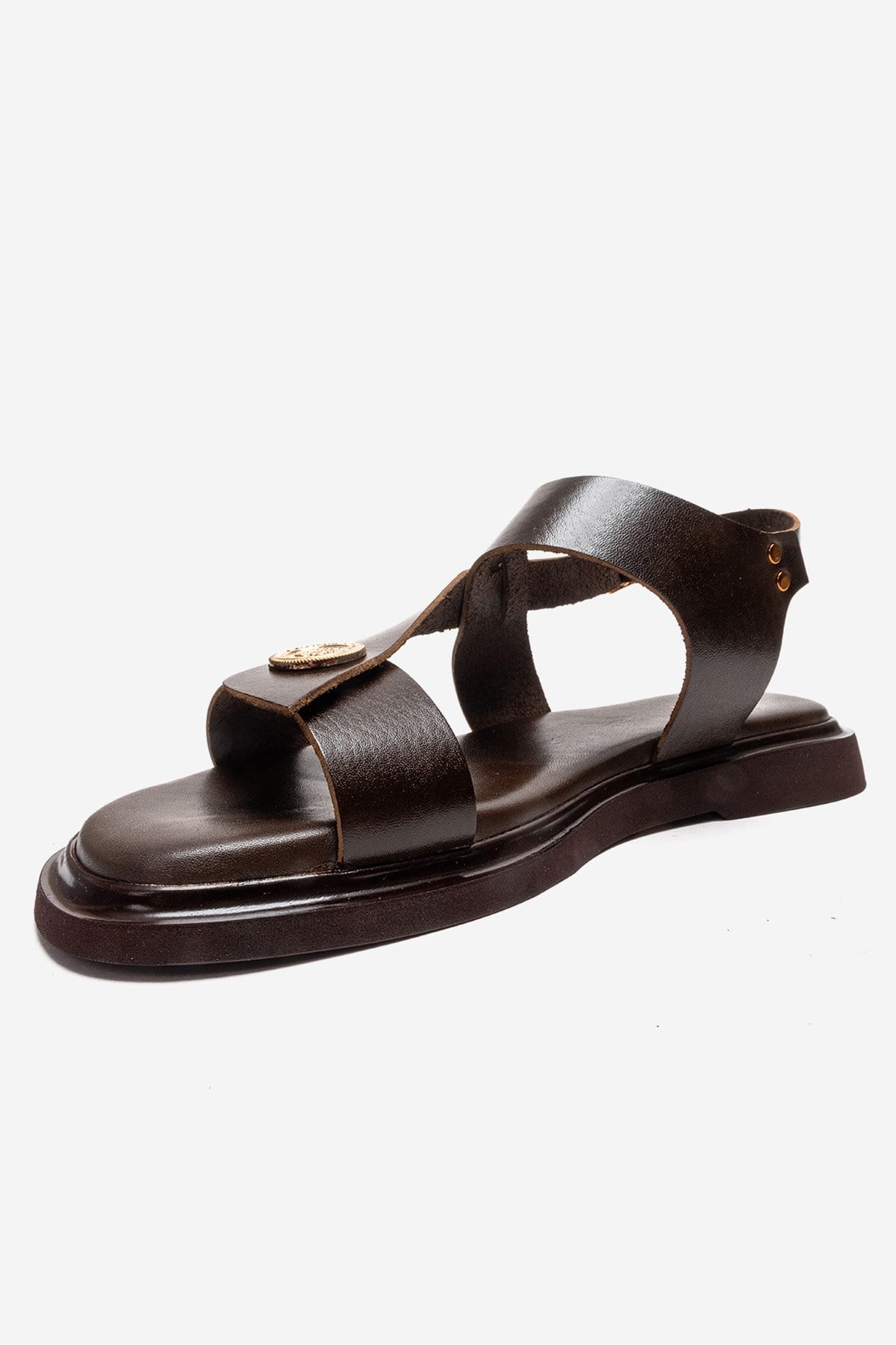 QUELLA - Brown Genuine Leather Buckle Sandal – top view showing leather, Vowalisse