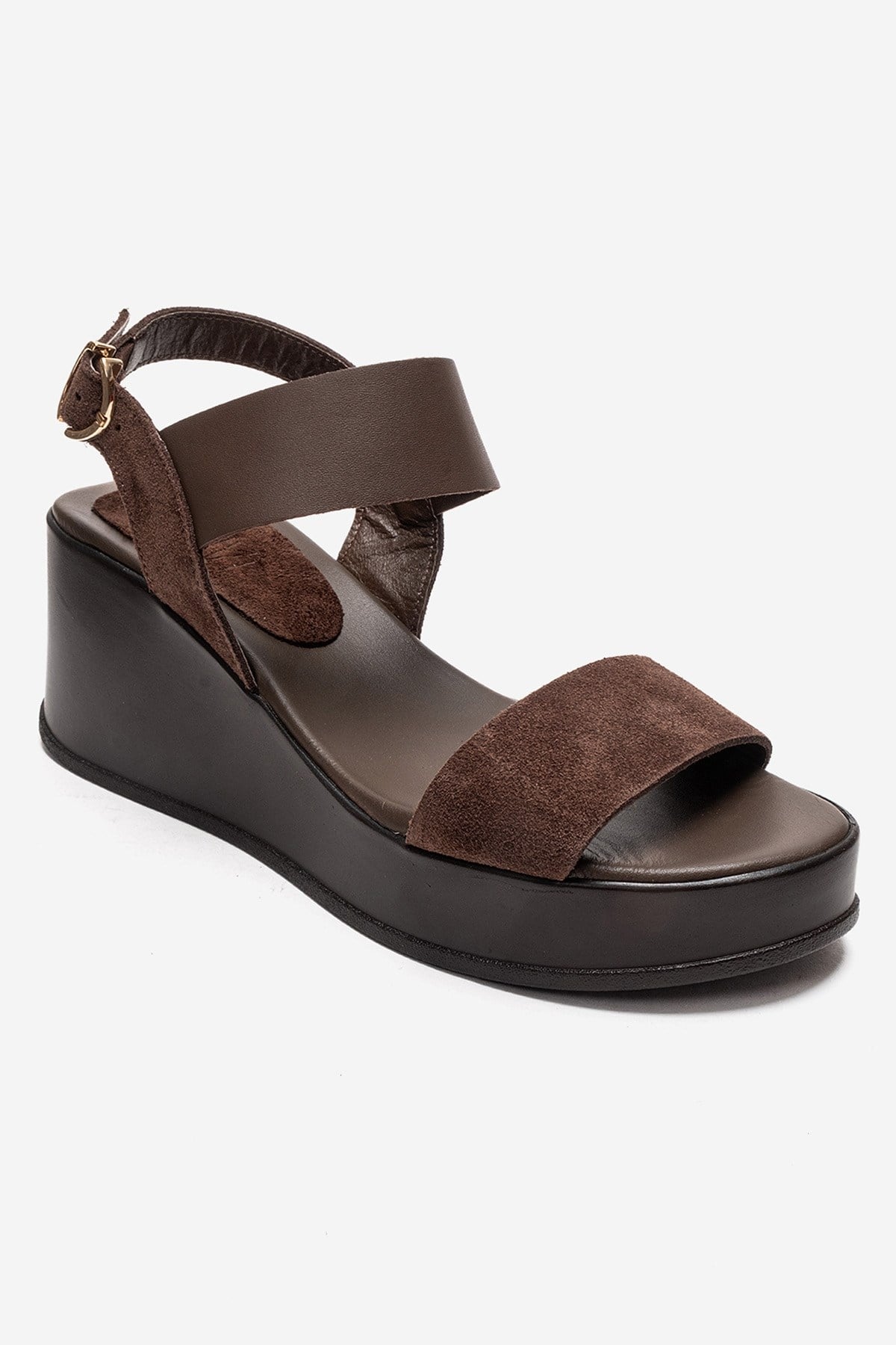 LOLANTHE - Brown Genuine Leather Wedge Sandal – detail view showing leather, suede, Vowalisse