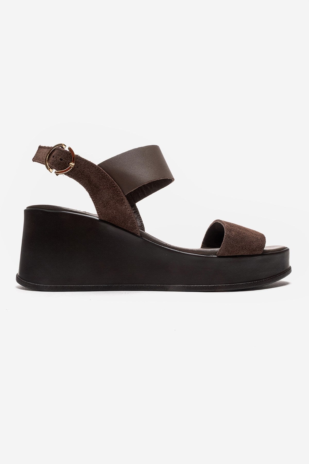 LOLANTHE - Brown Genuine Leather Wedge Sandal – heel view showing leather, suede, Vowalisse