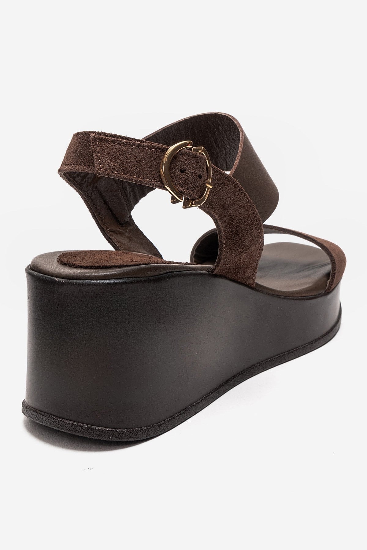LOLANTHE - Brown Genuine Leather Wedge Sandal – back view showing leather, suede, Vowalisse