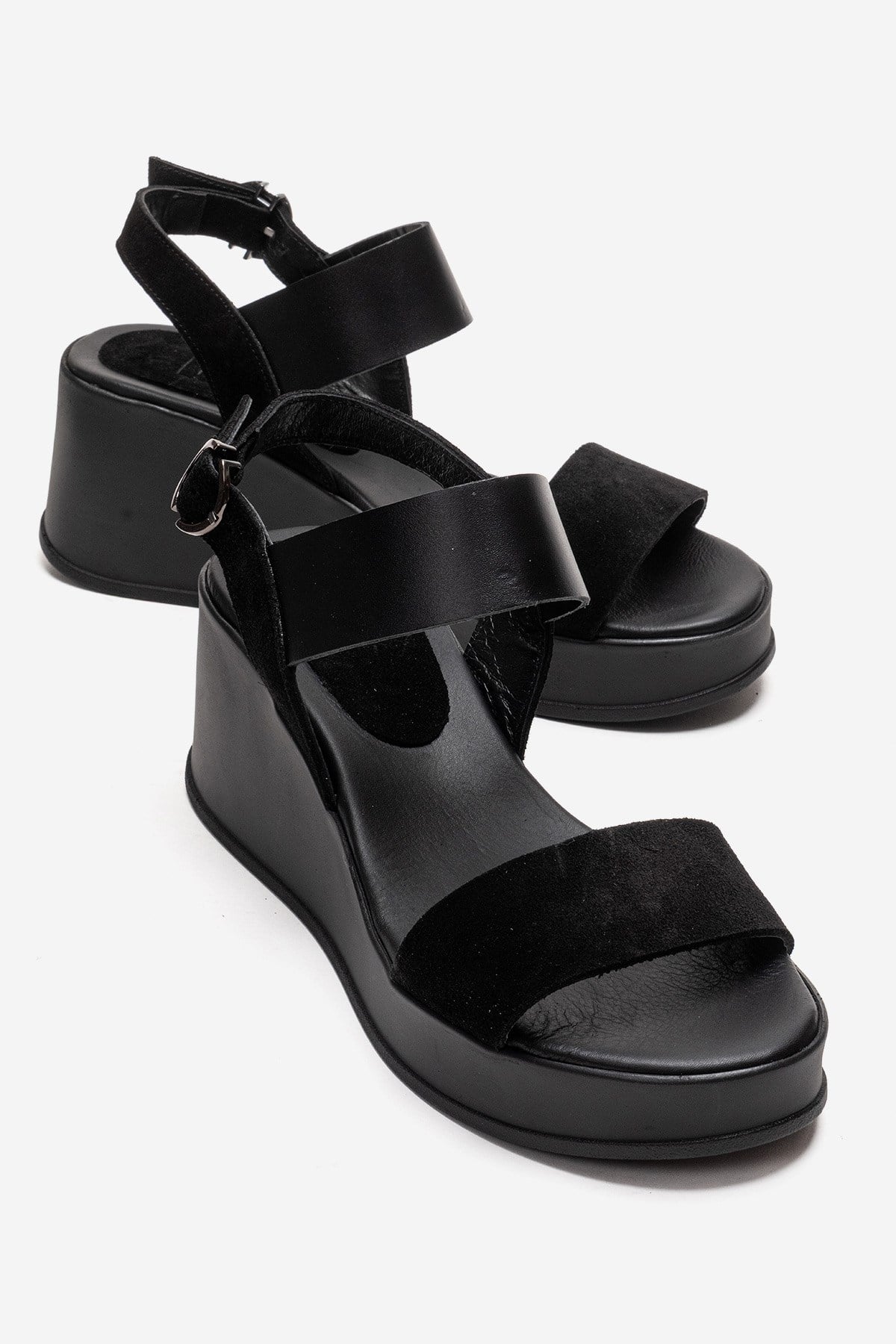 LOLANTHE - Black Genuine Leather Wedge Heel Sandal – front three-quarter view showing leather, suede, black, Vowalisse