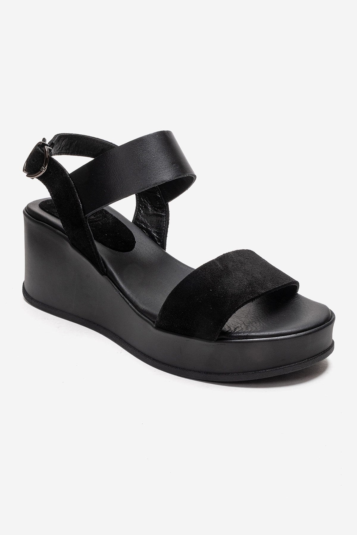 LOLANTHE - Black Genuine Leather Wedge Heel Sandal – detail view showing leather, suede, black, Vowalisse