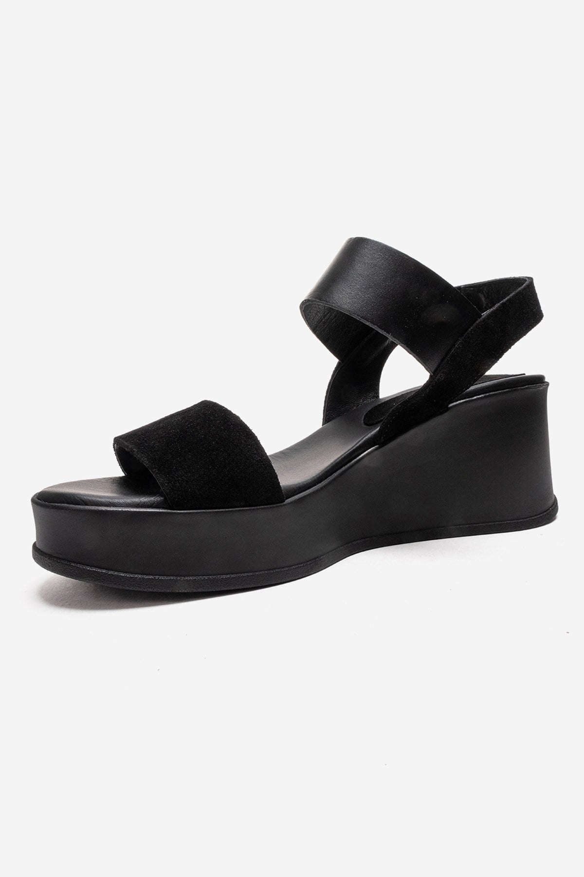 LOLANTHE - Black Genuine Leather Wedge Heel Sandal – top view showing leather, suede, black, Vowalisse
