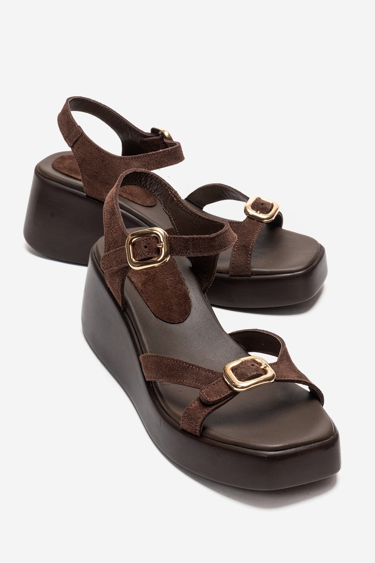 KALIA - Brown Suede Genuine Leather Wedge Heel Sandal – front three-quarter view showing leather, suede, Vowalisse