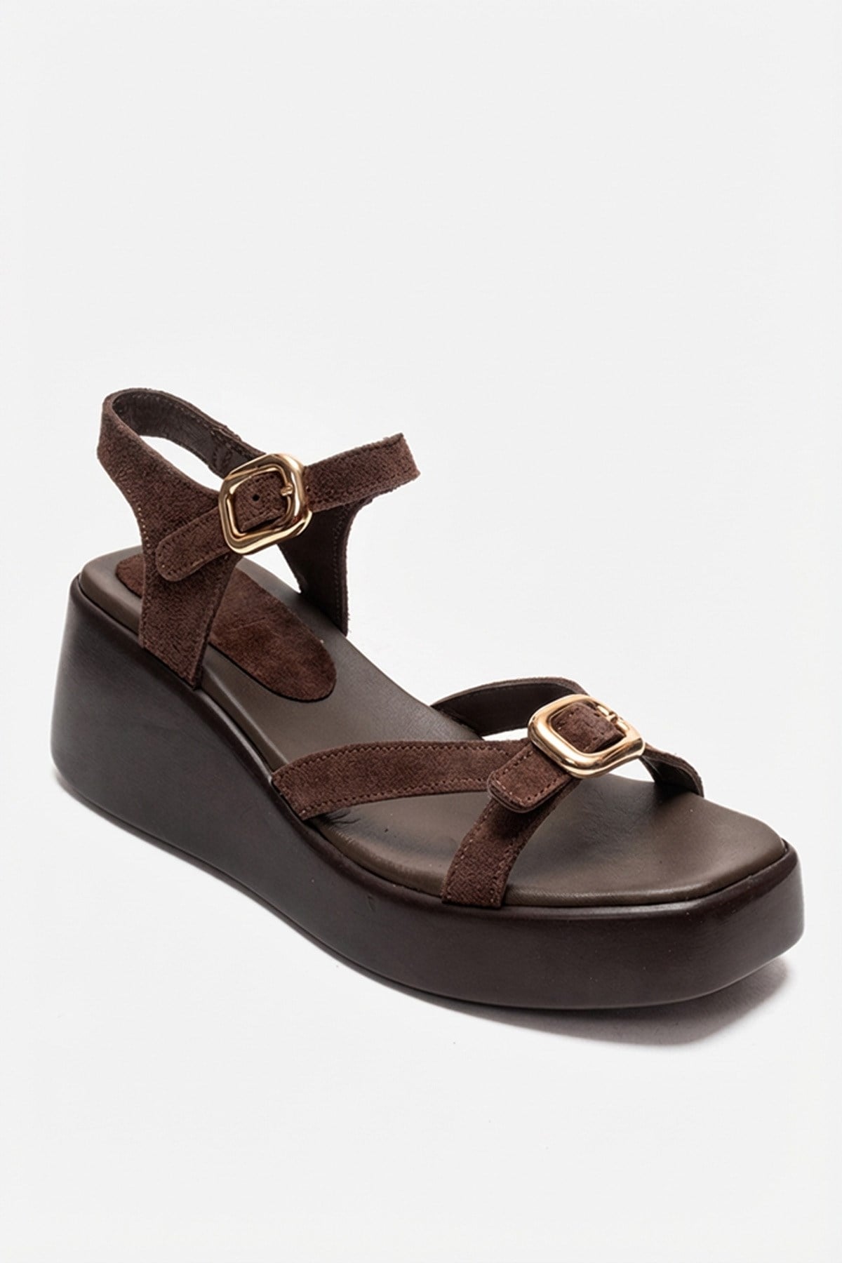 KALIA - Brown Suede Genuine Leather Wedge Heel Sandal – detail view showing leather, suede, Vowalisse