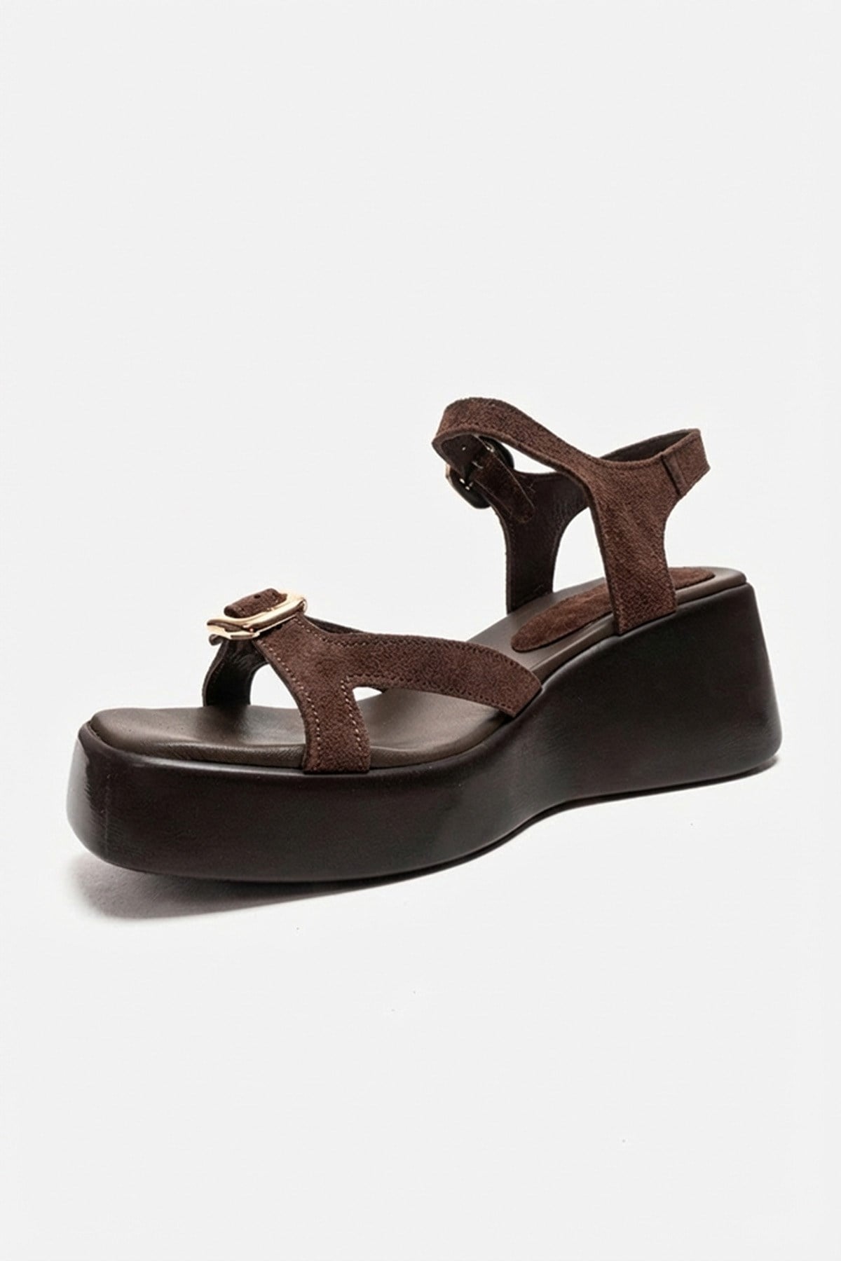 KALIA - Brown Suede Genuine Leather Wedge Heel Sandal – top view showing leather, suede, Vowalisse