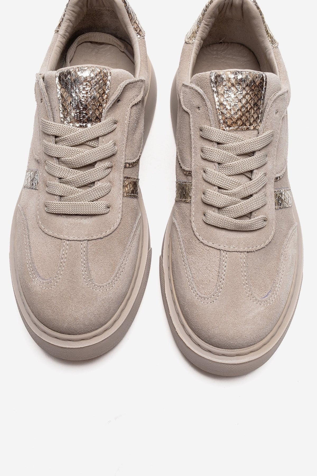 IVARA - Beige Suede Genuine Leather Everyday Sneaker – side view showing leather, suede, Vowalisse