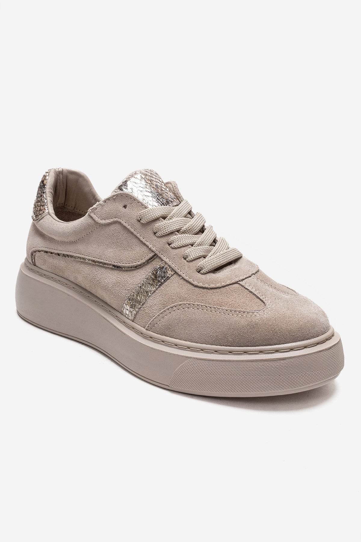 IVARA - Beige Suede Genuine Leather Everyday Sneaker – detail view showing leather, suede, Vowalisse