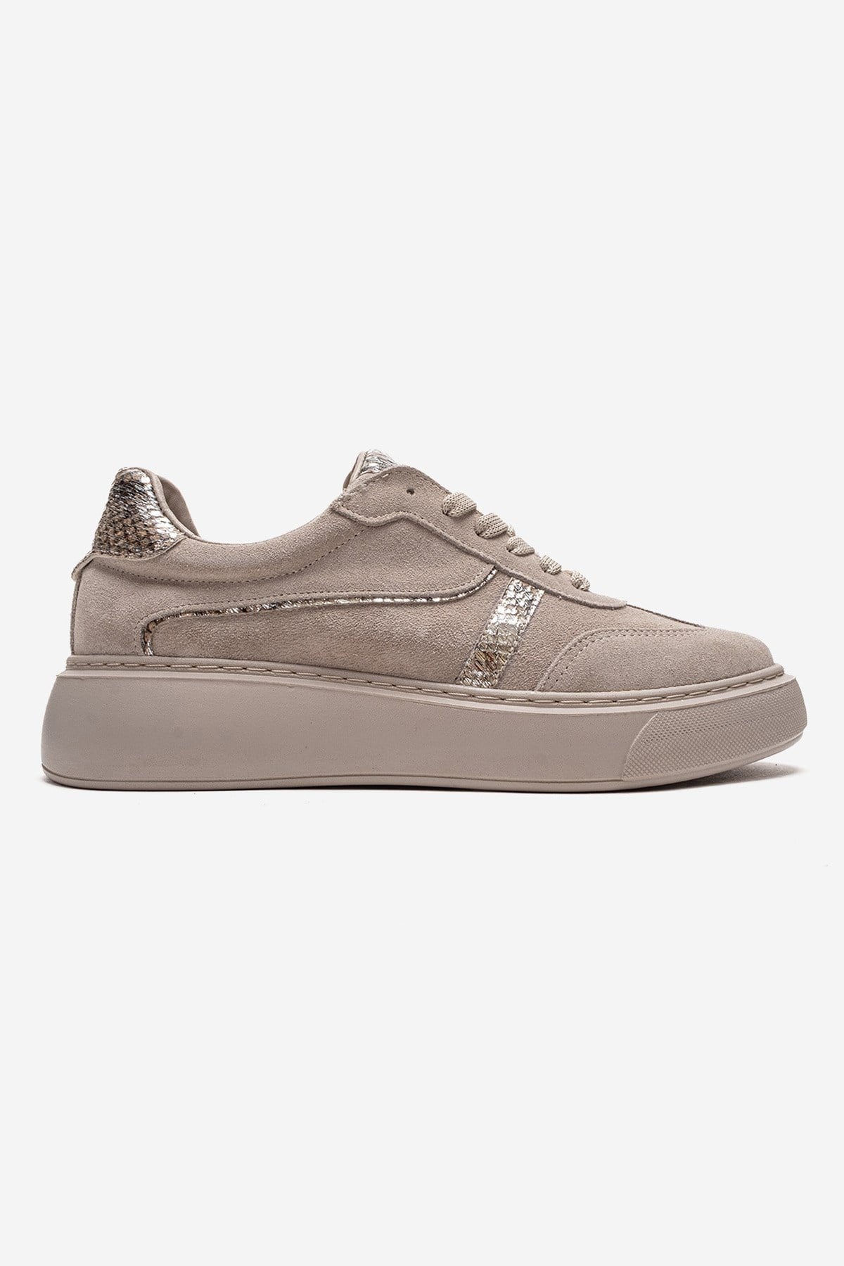 IVARA - Beige Suede Genuine Leather Everyday Sneaker – heel view showing leather, suede, Vowalisse