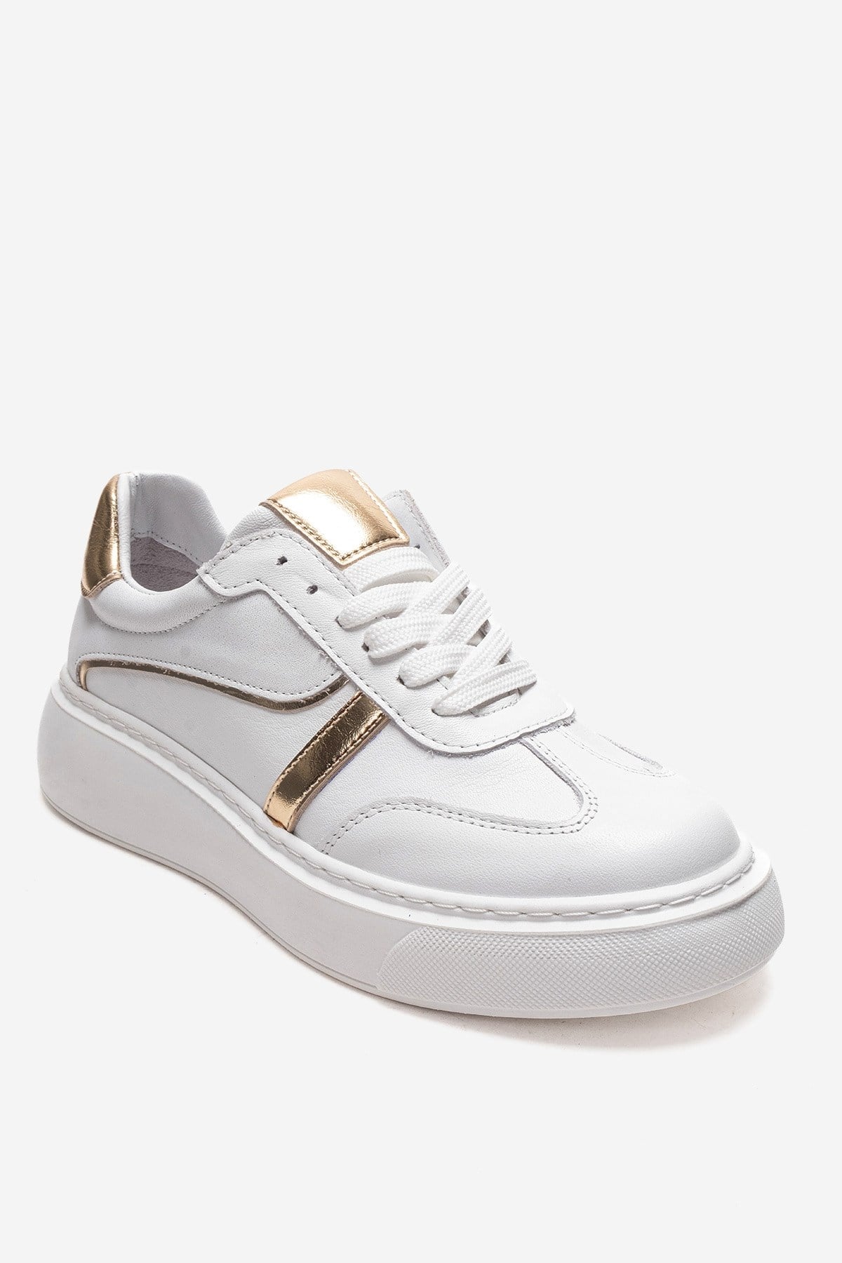 IVARA - White And Gold Genuine Leather Everyday Sneaker – detail view showing leather, metallic, white, Vowalisse