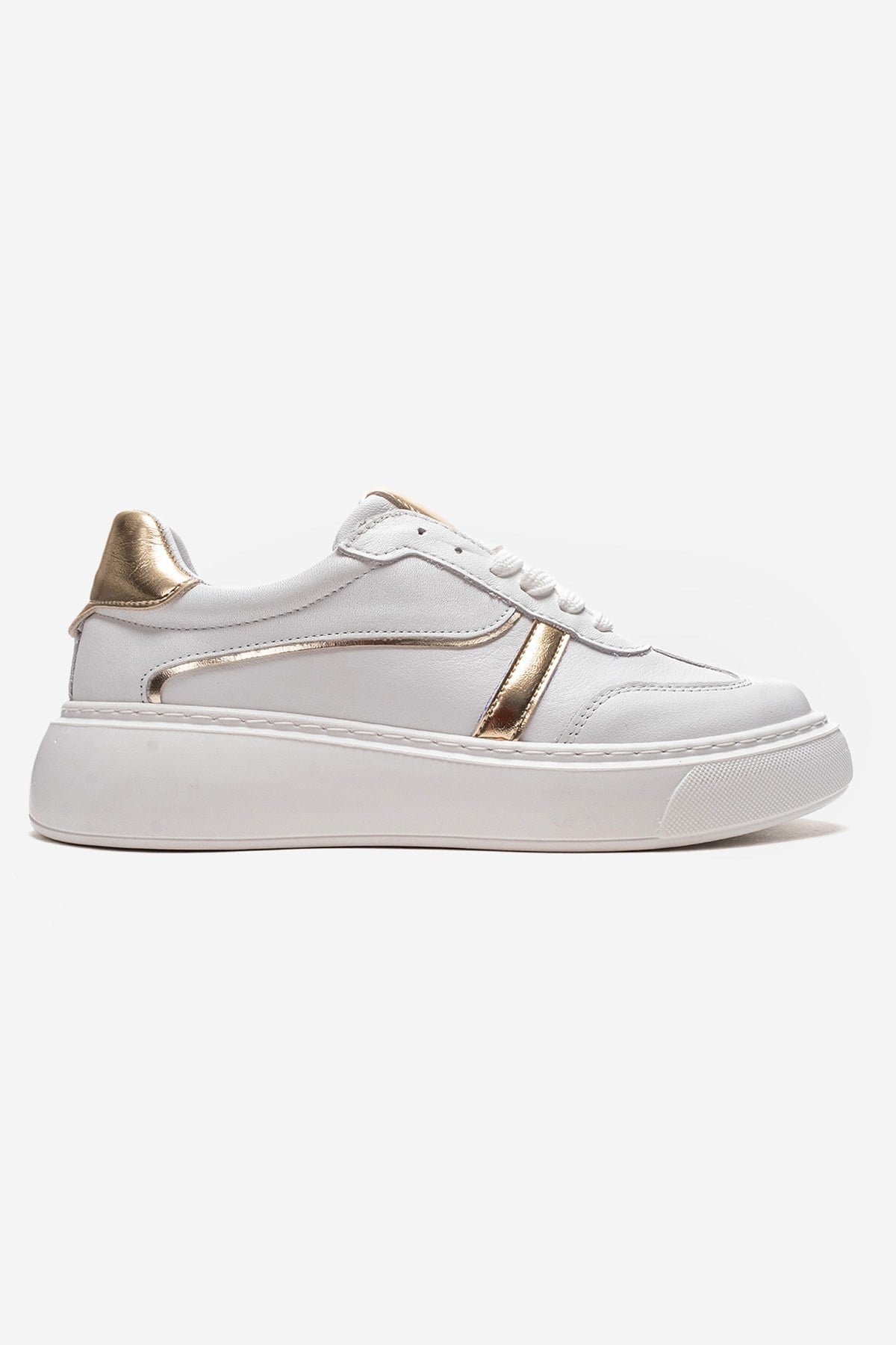 IVARA - White And Gold Genuine Leather Everyday Sneaker – heel view showing leather, metallic, white, Vowalisse