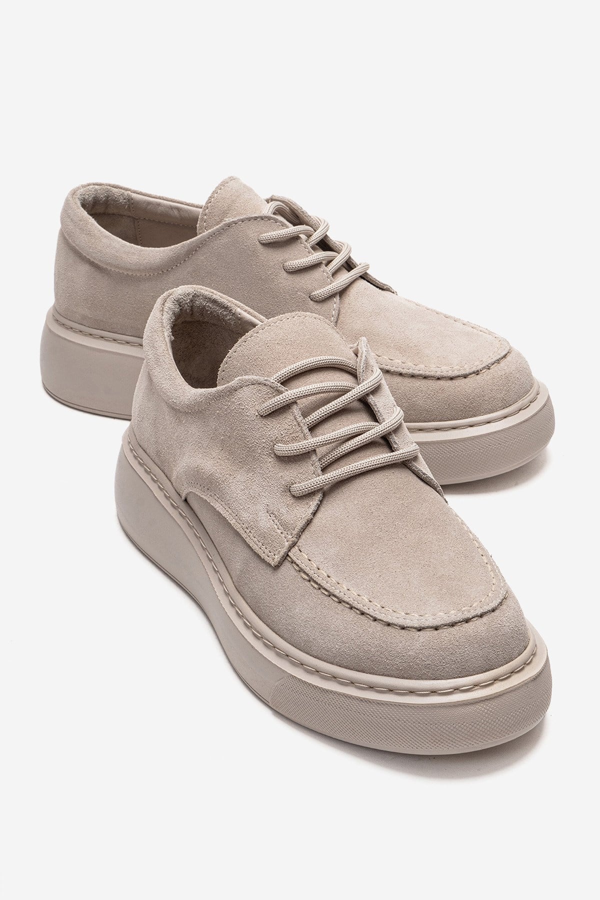 MAREON - Beige Suede Genuine Leather Lace-Up Sneaker – front three-quarter view showing lace, leather, suede, Vowalisse