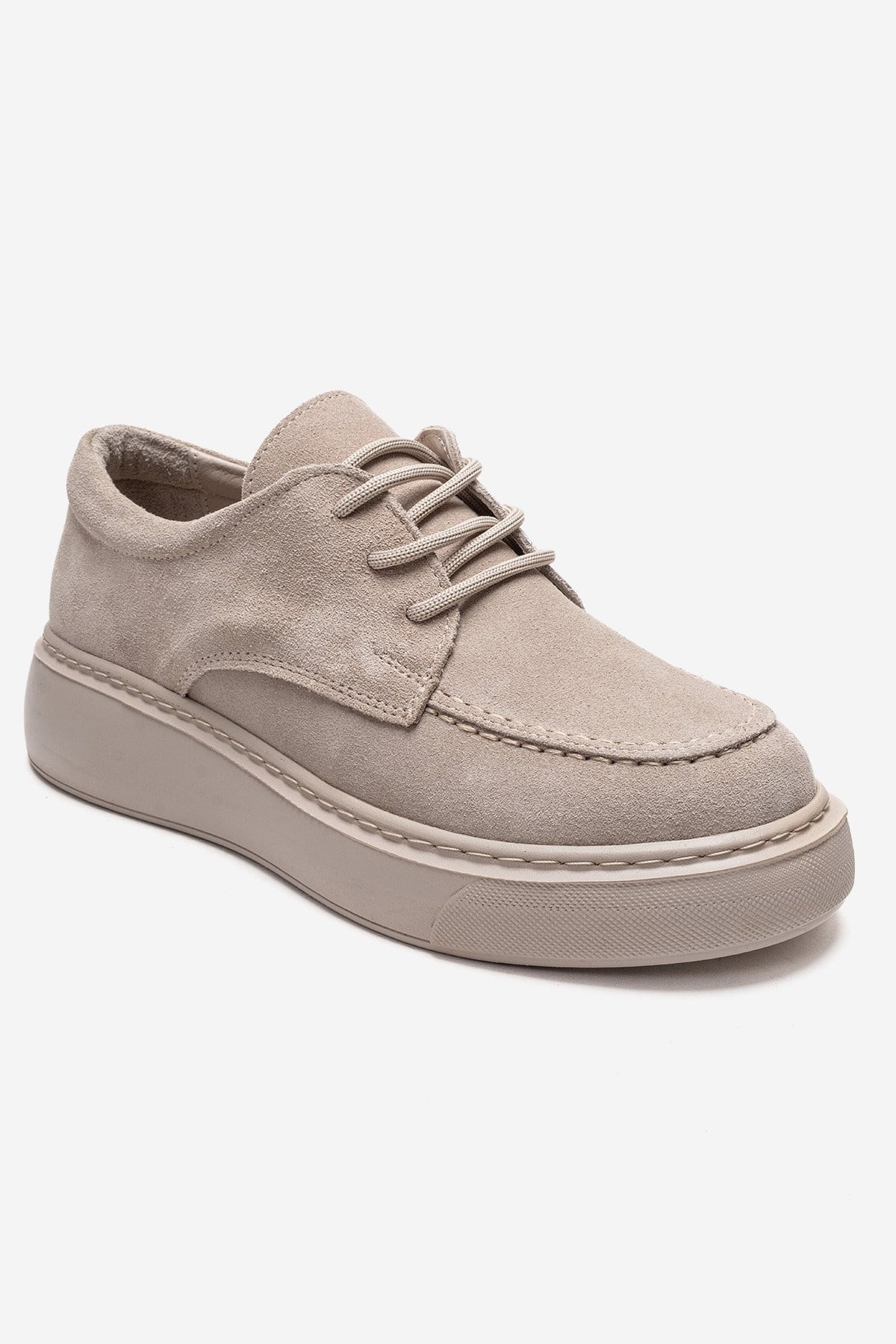 MAREON - Beige Suede Genuine Leather Lace-Up Sneaker – detail view showing lace, leather, suede, Vowalisse