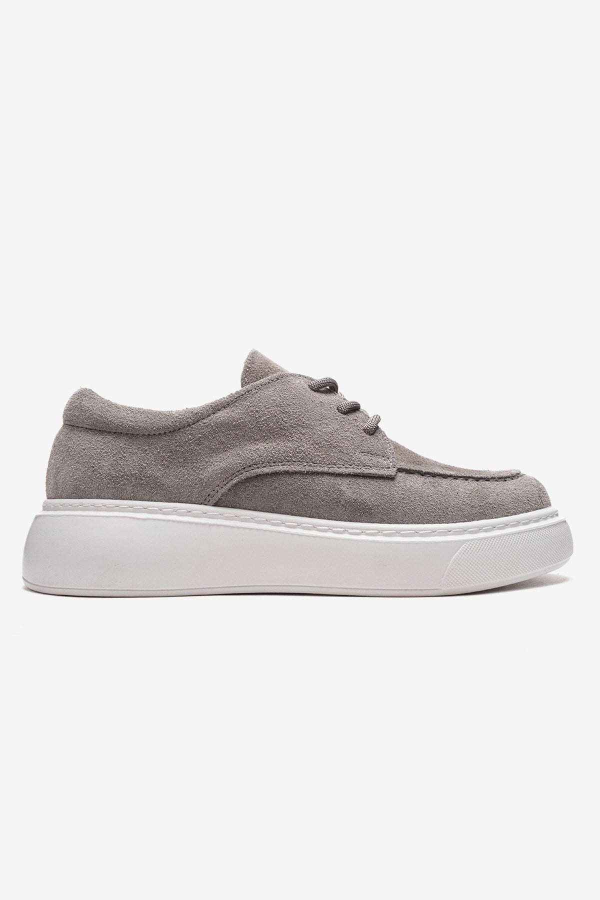 MAREON - Gray Suede Genuine Leather Lace-Up Sneaker – heel view showing lace, leather, suede, Vowalisse