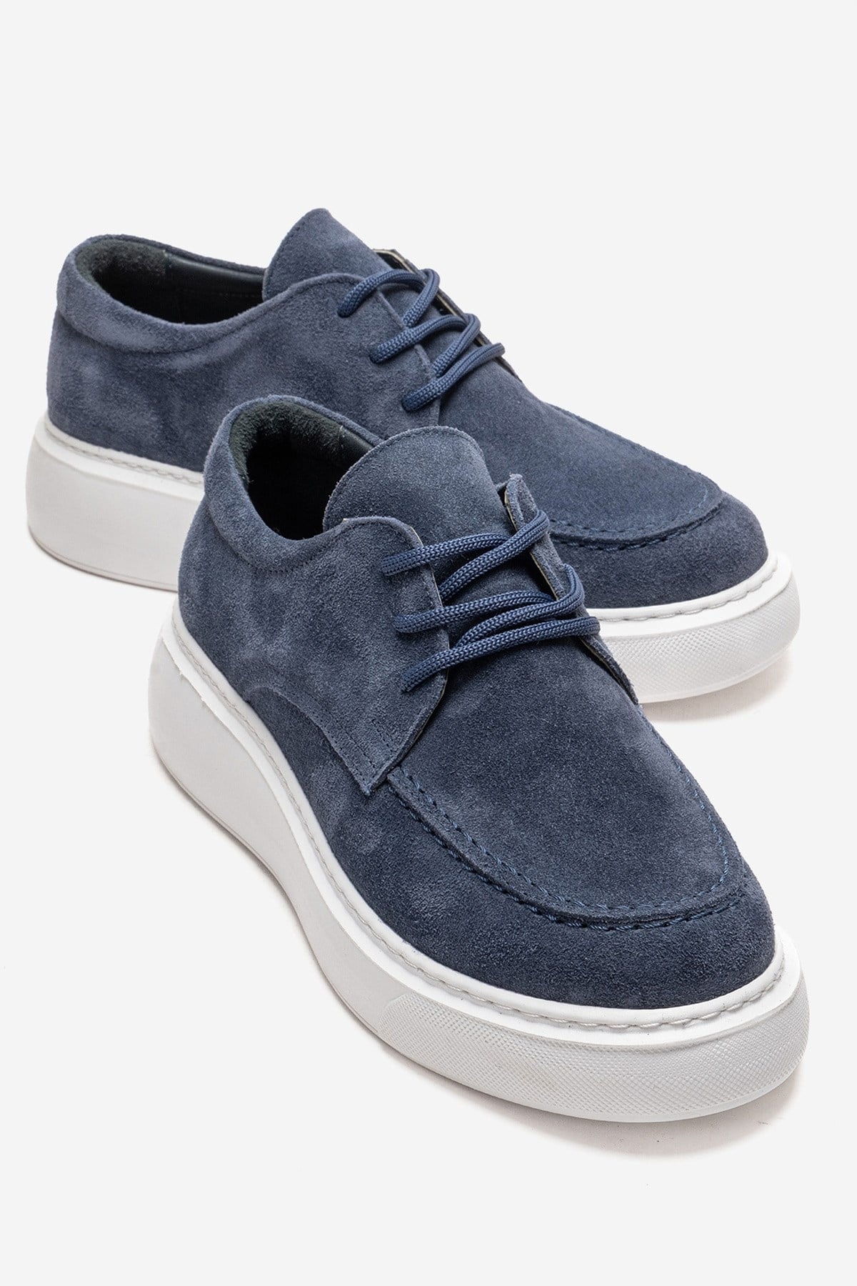 MAREON - Denim Blue Genuine Leather Lace-Up Daily Shoe – front three-quarter view showing lace, leather, suede, Vowalisse