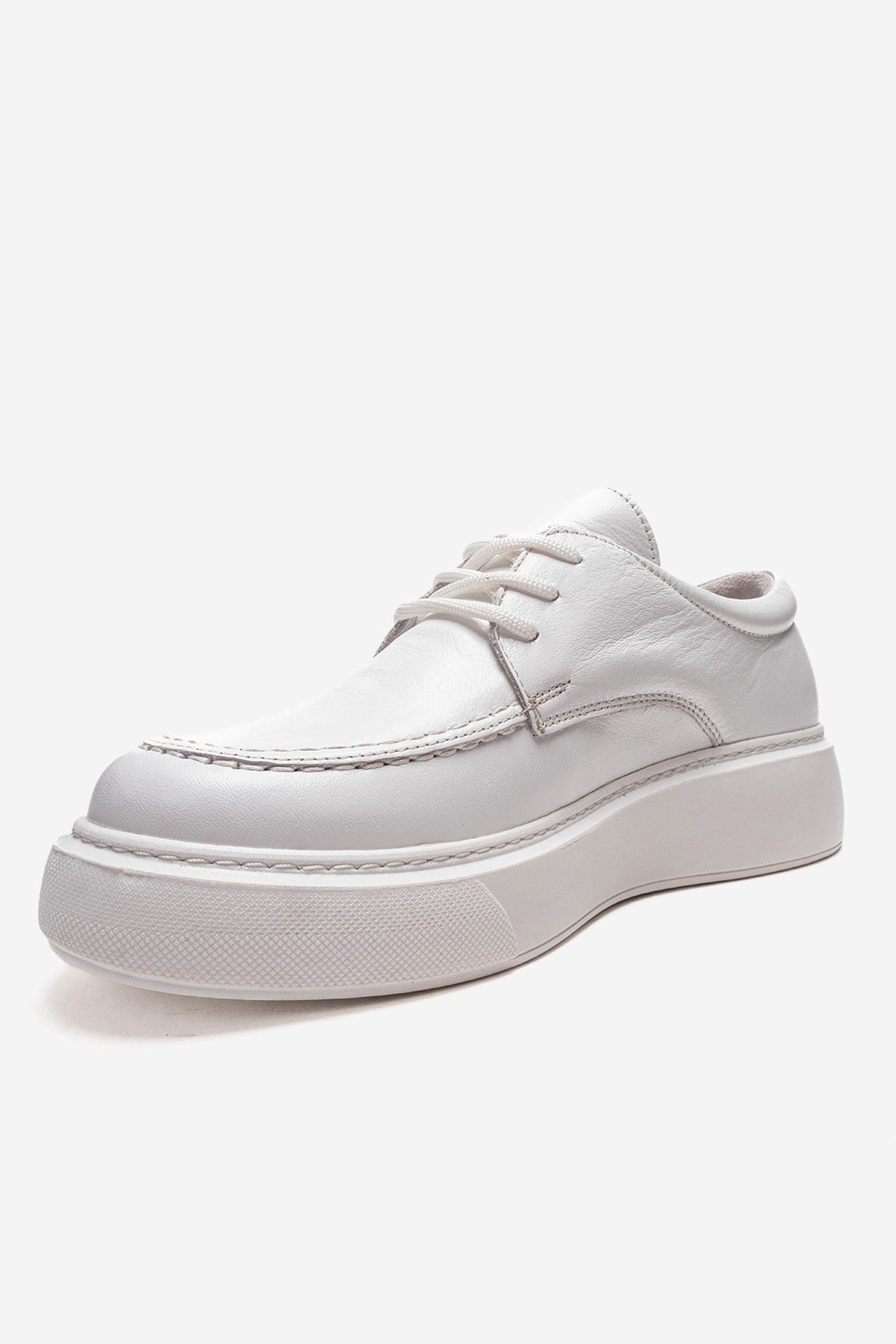 MAREON - White Genuine Leather Lace-Up Daily Shoe – top view showing lace, leather, white, Vowalisse