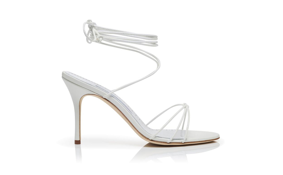 Elara Pearl White Ankle Strap Ankle-Strap Shoes – side profile showing white ankle strap, open toe, nappa leather, lace…