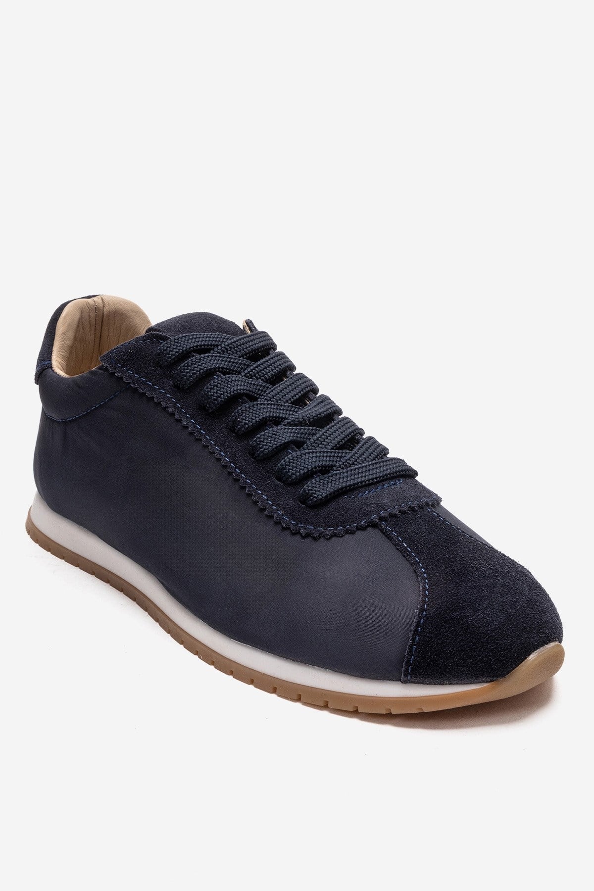 UNICA - Navy Genuine Leather Sneaker – detail view showing leather, suede, Vowalisse