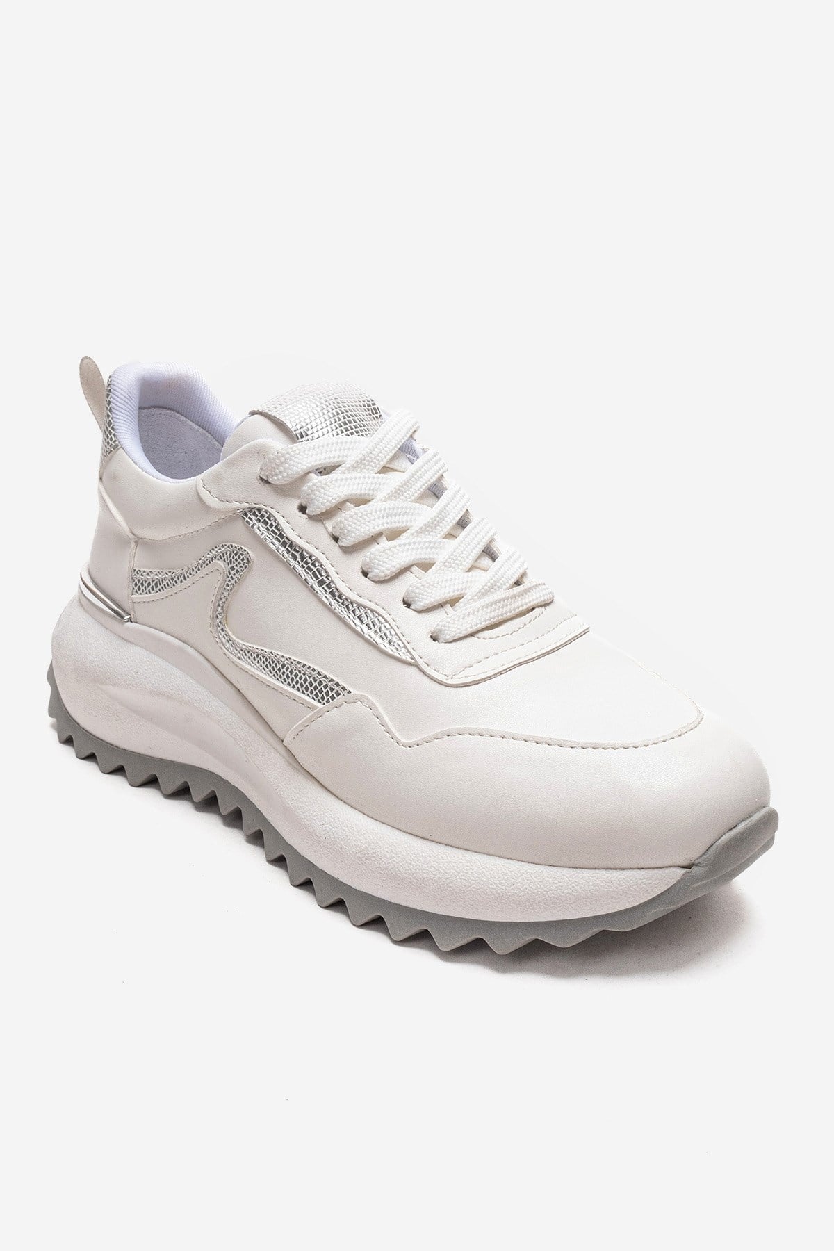 WHISPER - White Leather-Look Chunky Platform Everyday Sneaker – detail view showing leather, white, Vowalisse