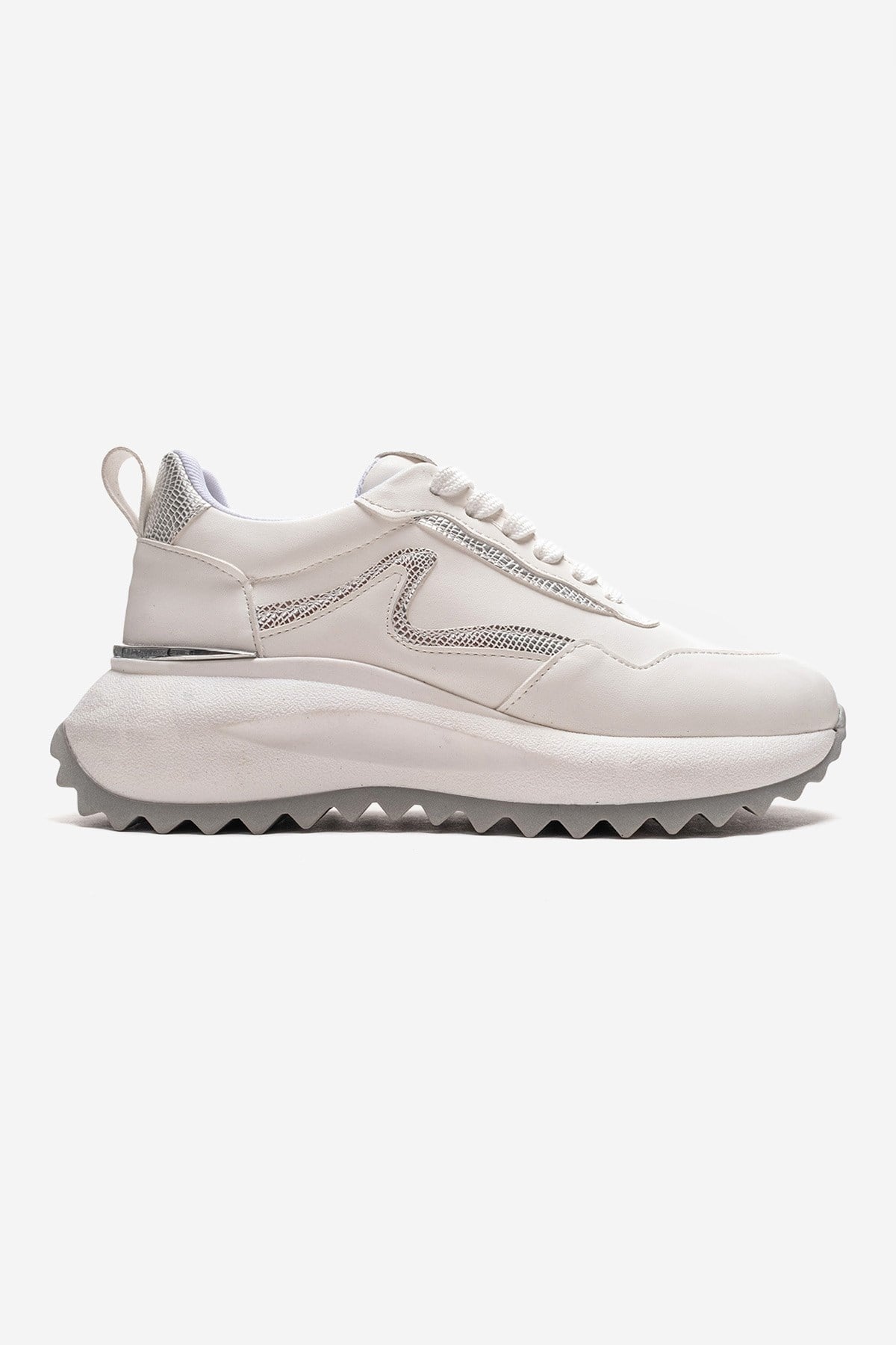 WHISPER - White Leather-Look Chunky Platform Everyday Sneaker – heel view showing leather, white, Vowalisse