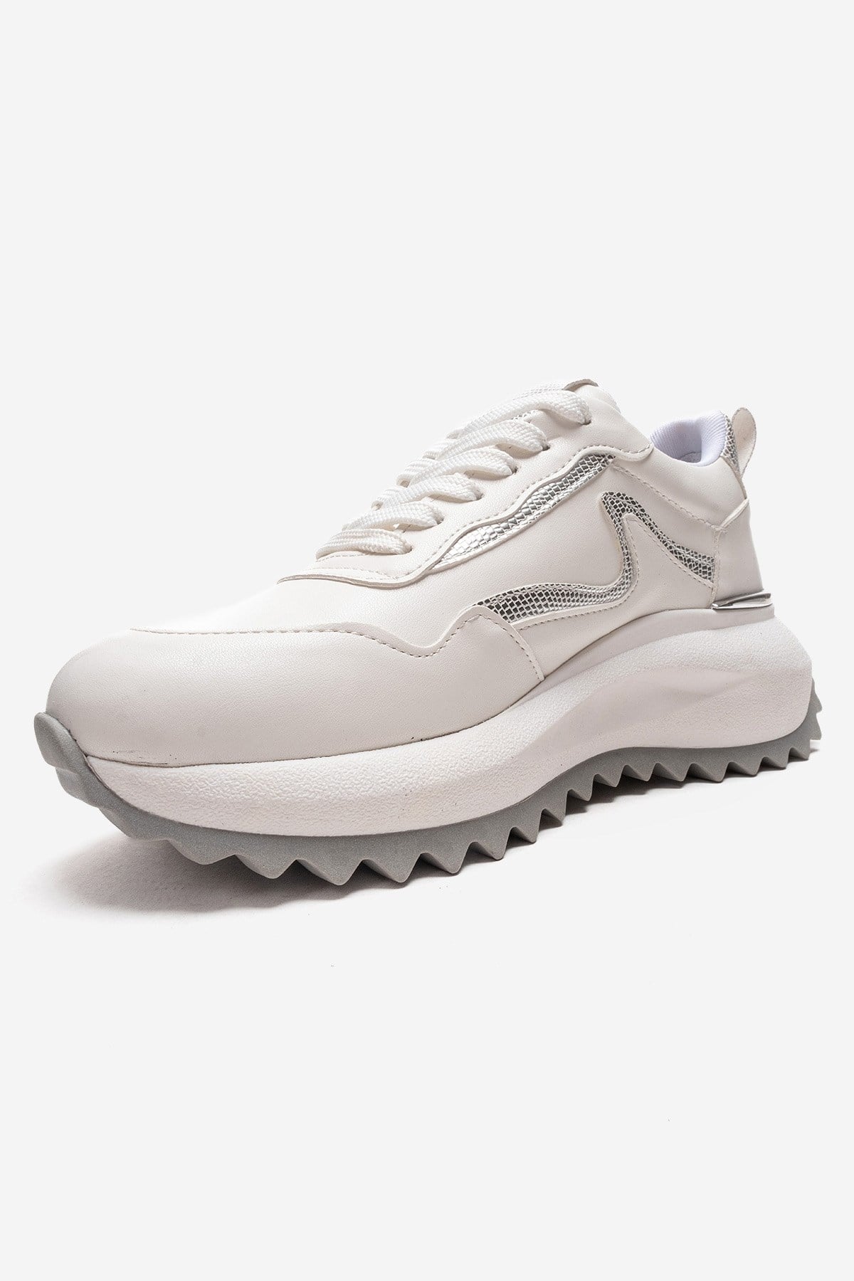 WHISPER - White Leather-Look Chunky Platform Everyday Sneaker – top view showing leather, white, Vowalisse