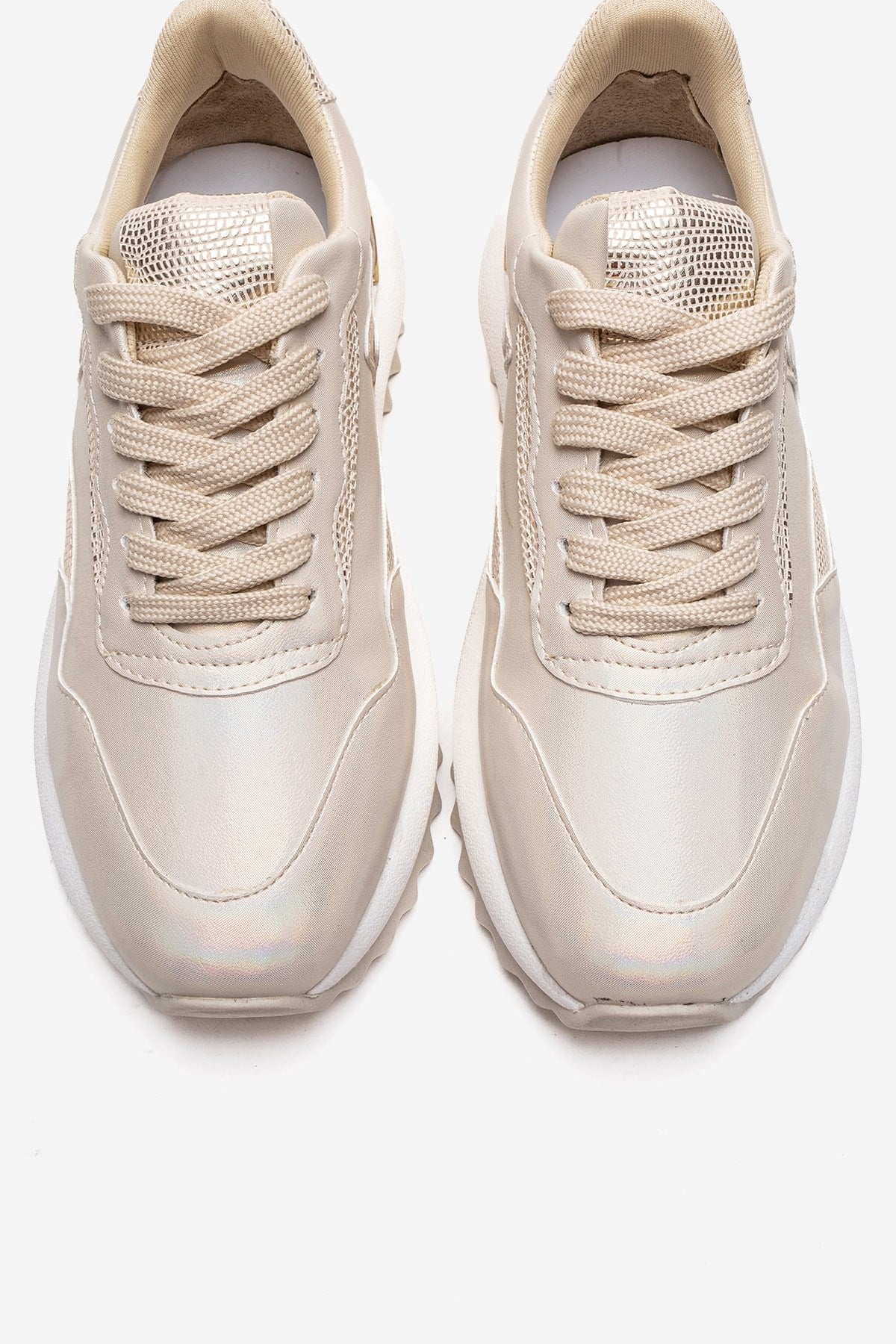 WHISPER - Beige Glitter Chunky Platform Everyday Sneaker – side view showing leather, glitter, Vowalisse
