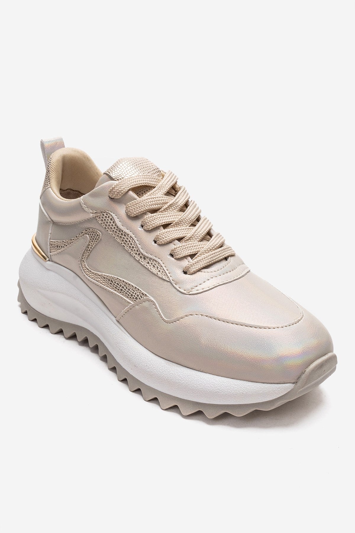 WHISPER - Beige Glitter Chunky Platform Everyday Sneaker – detail view showing leather, glitter, Vowalisse