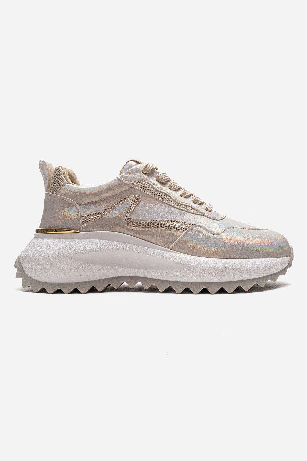 WHISPER - Beige Glitter Chunky Platform Everyday Sneaker – heel view showing leather, glitter, Vowalisse