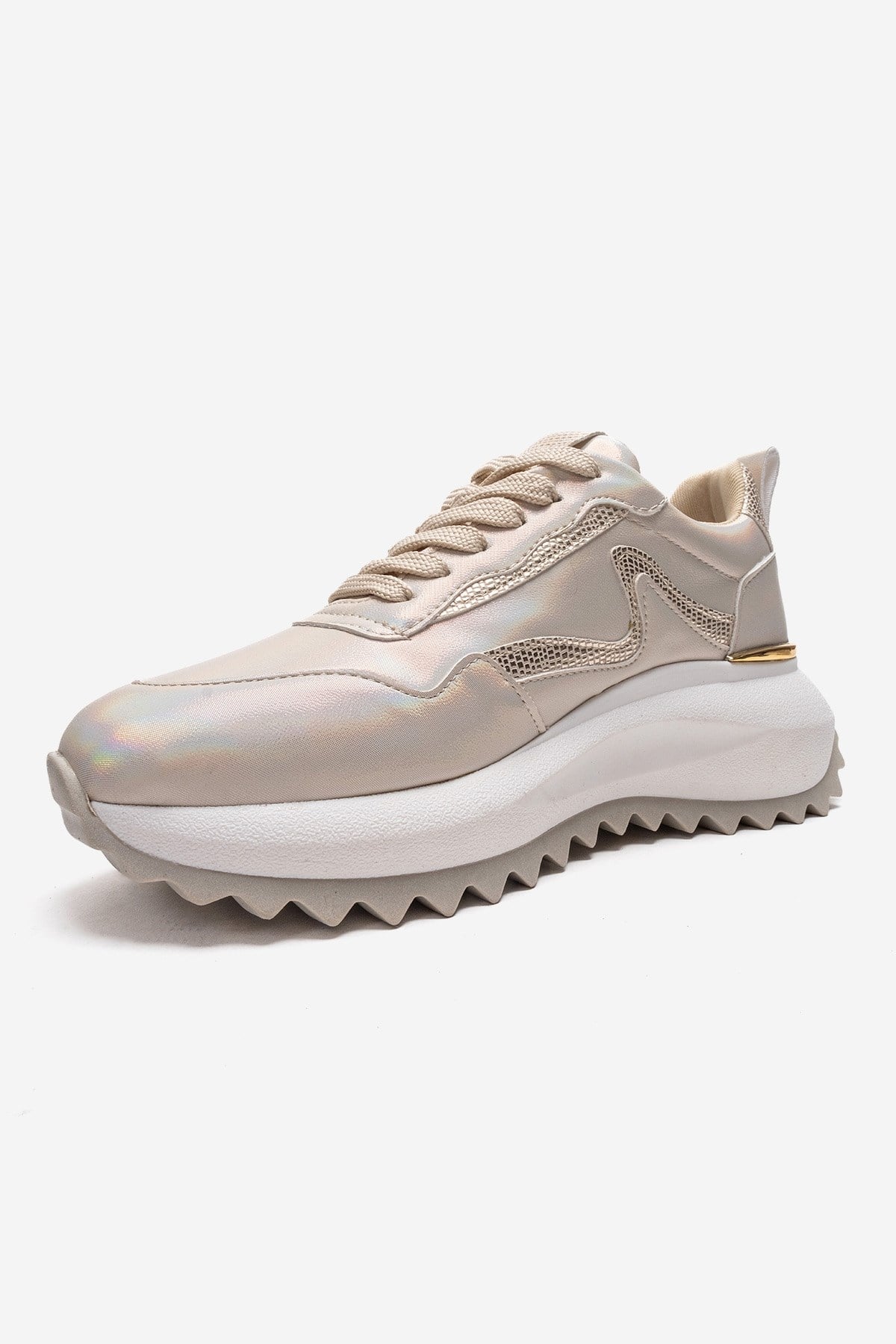 WHISPER - Beige Glitter Chunky Platform Everyday Sneaker – top view showing leather, glitter, Vowalisse