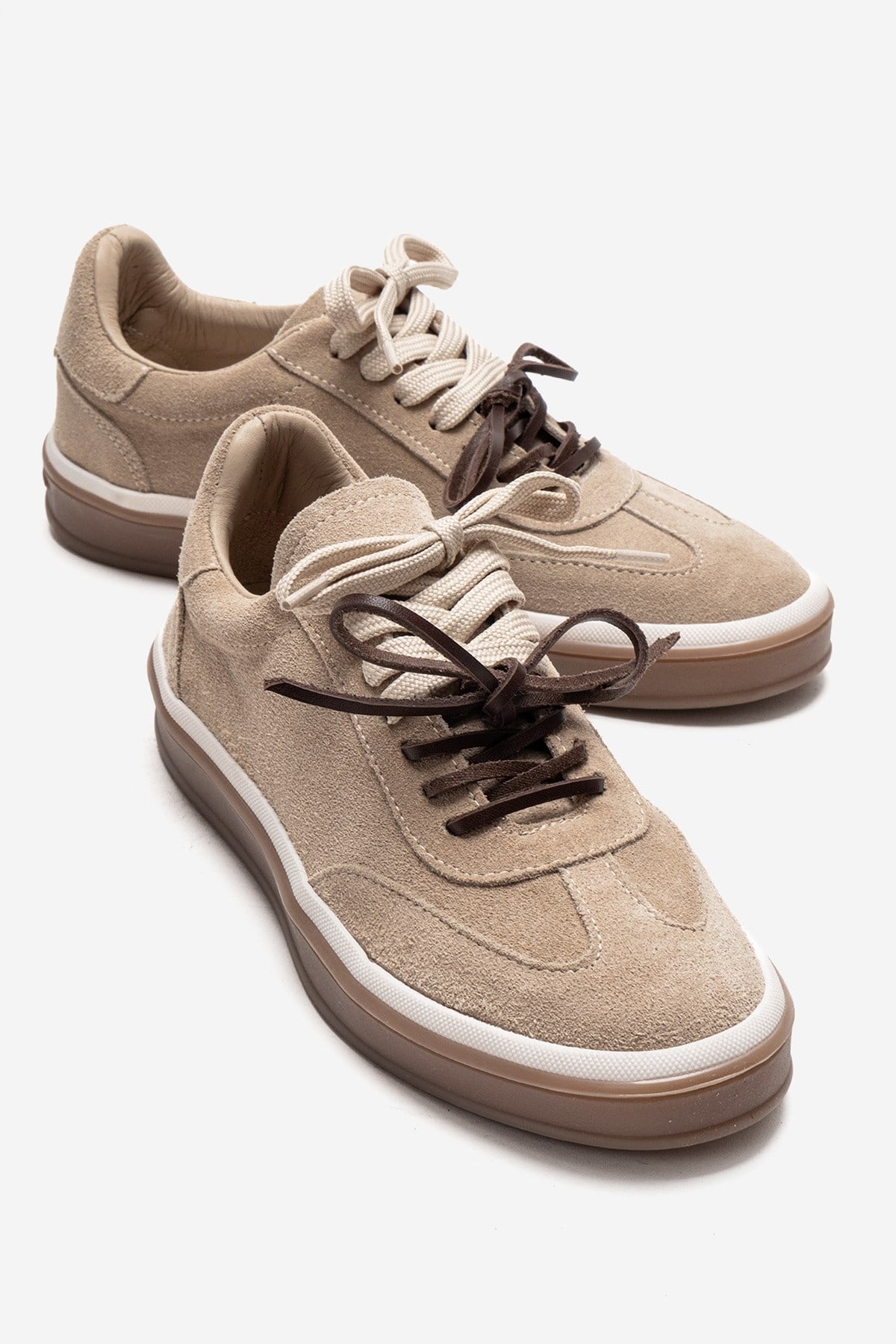 MELLE - Beige Genuine Suede Leather Casual Sneaker – front three-quarter view showing leather, suede, Vowalisse