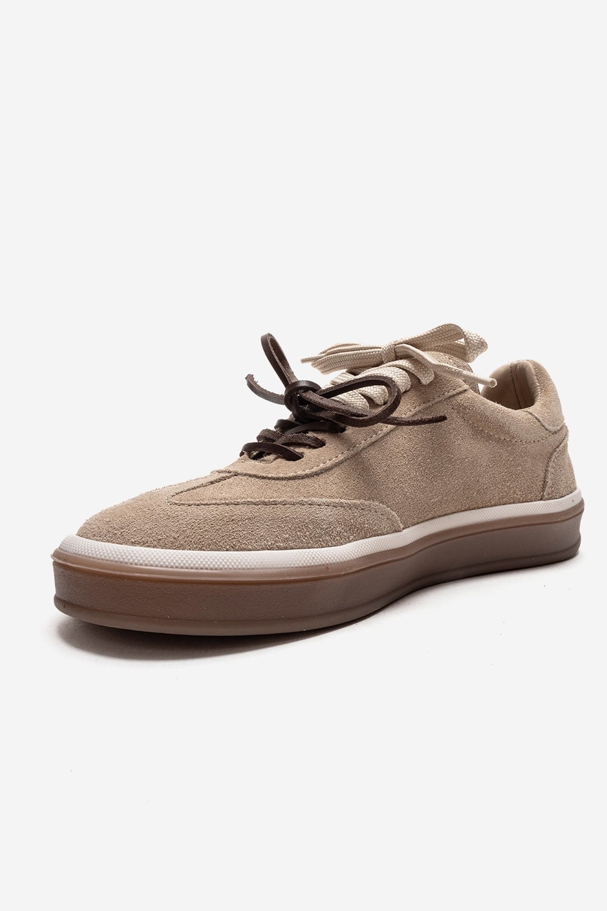 MELLE - Beige Genuine Suede Leather Casual Sneaker – top view showing leather, suede, Vowalisse