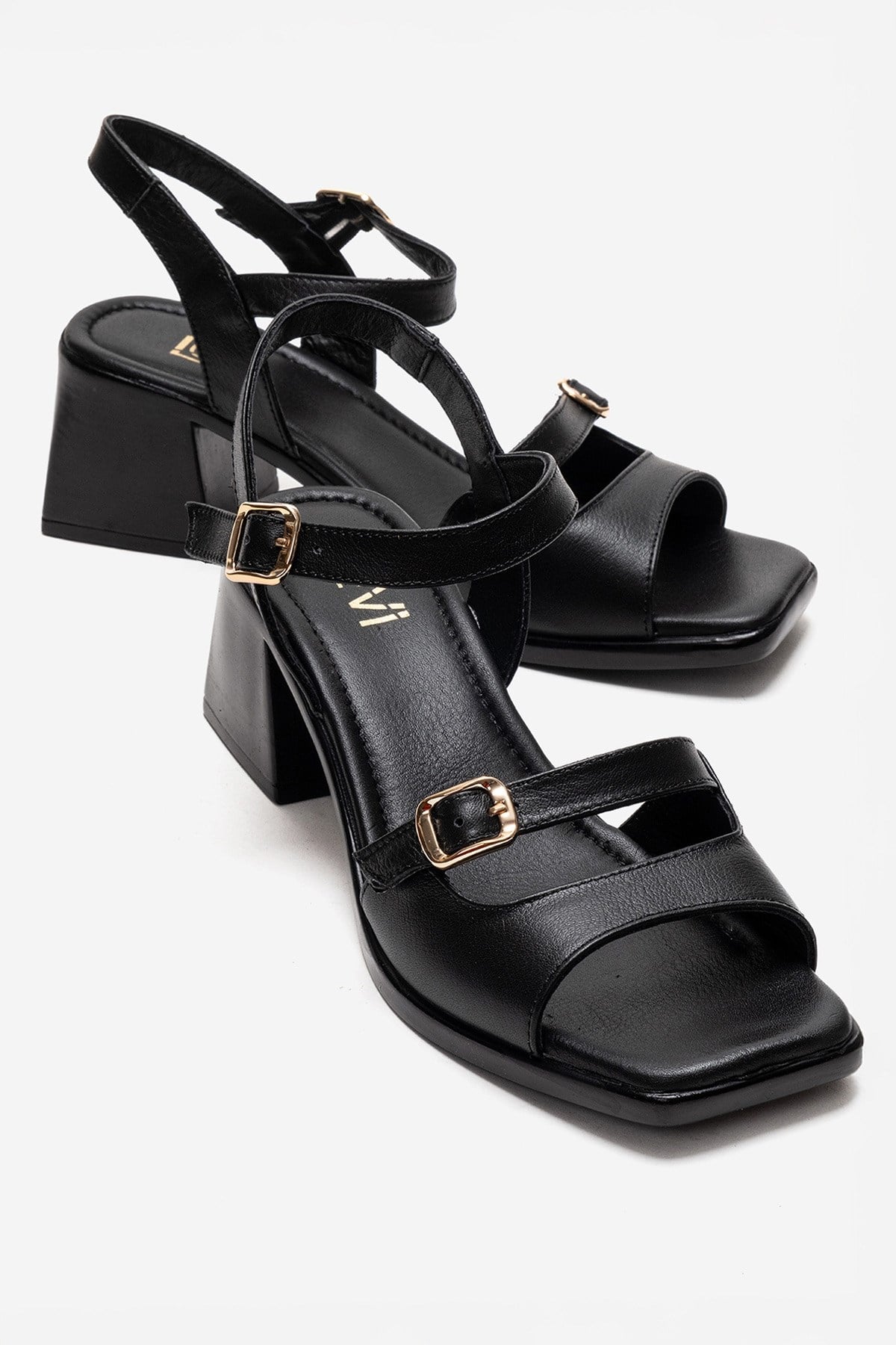 YOLEN - Black Genuine Leather Block Heel Sandal – front three-quarter view showing leather, black, Vowalisse
