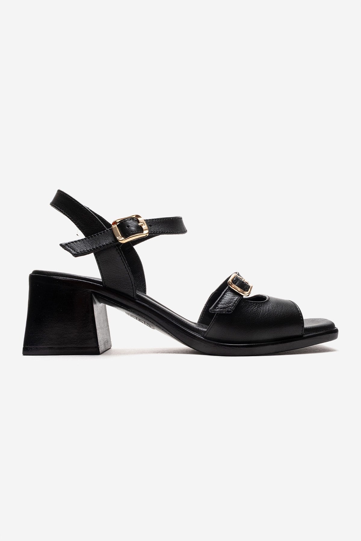 YOLEN - Black Genuine Leather Block Heel Sandal – heel view showing leather, black, Vowalisse