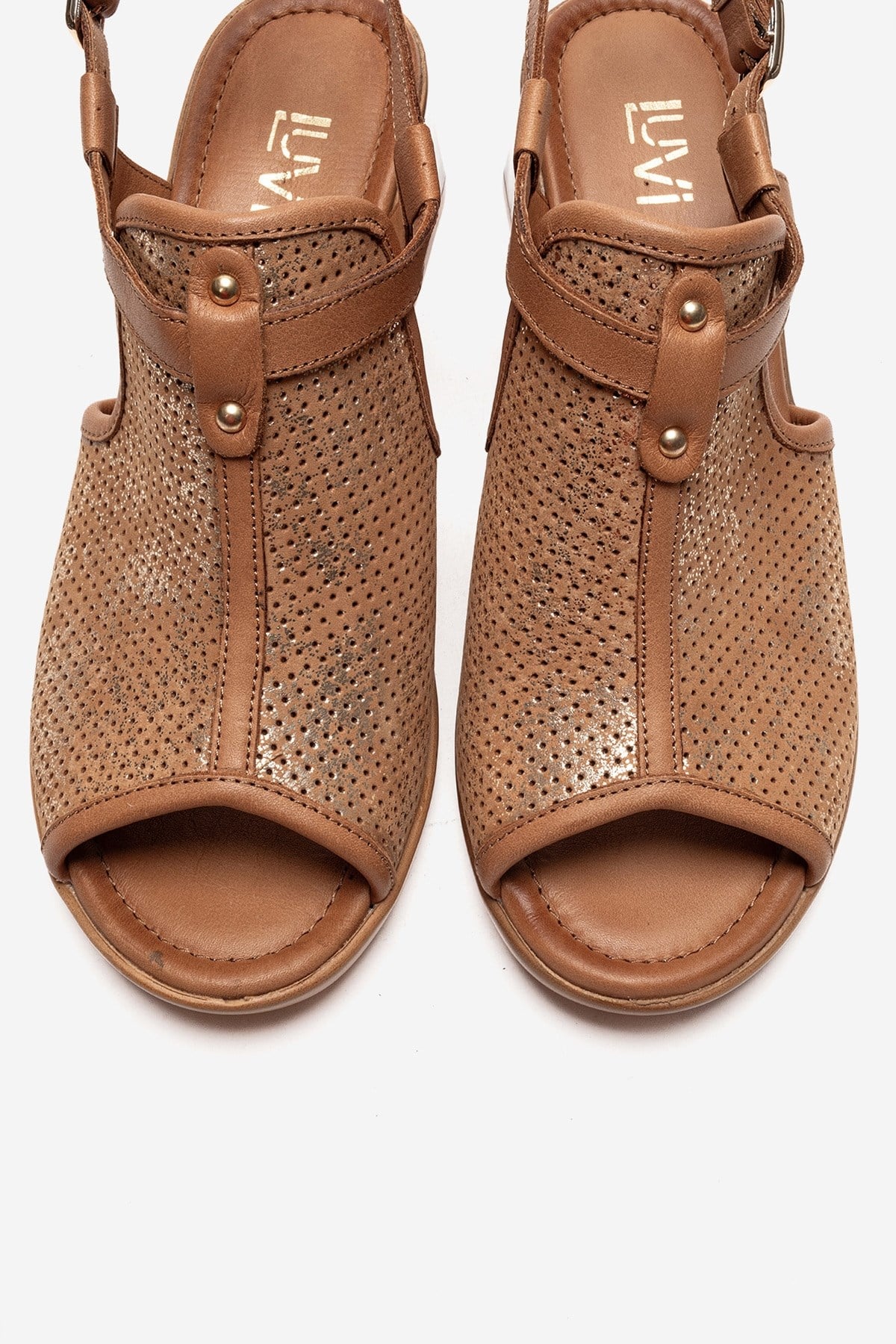 Janelle - Cognac Genuine Leather Block Heel Sandal – side view showing leather, Vowalisse