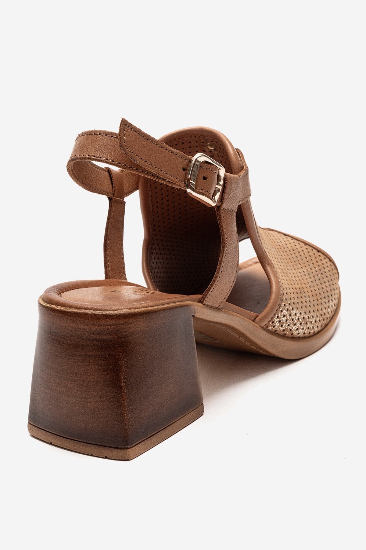 Janelle - Cognac Genuine Leather Block Heel Sandal – back view showing leather, Vowalisse