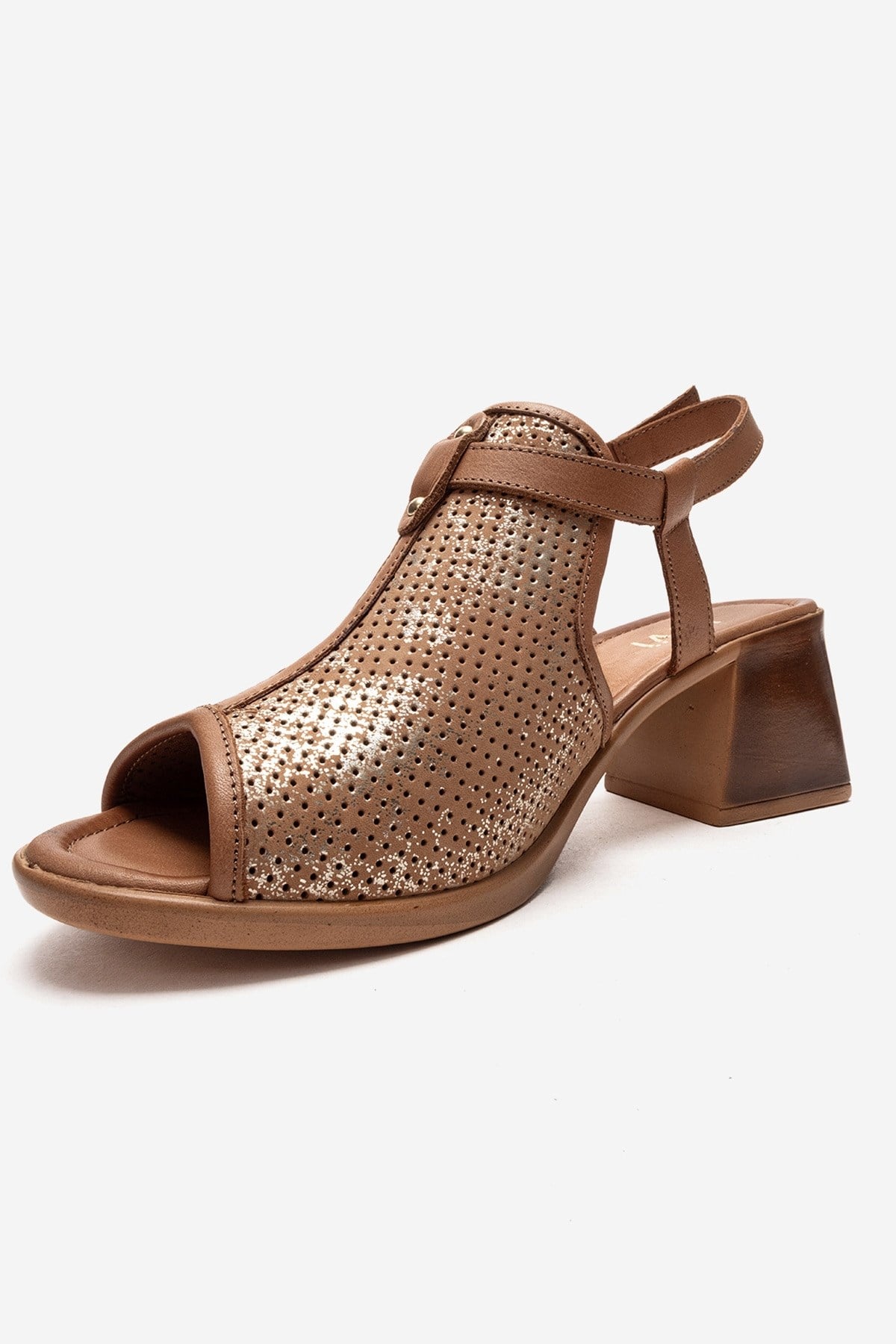 Janelle - Cognac Genuine Leather Block Heel Sandal – top view showing leather, Vowalisse