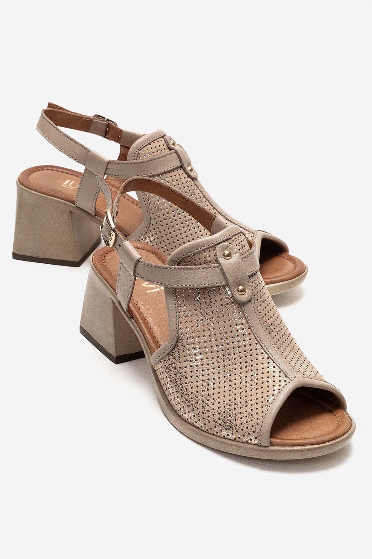 Janelle - Beige Genuine Leather Block Heel Sandal – front three-quarter view showing leather, Vowalisse