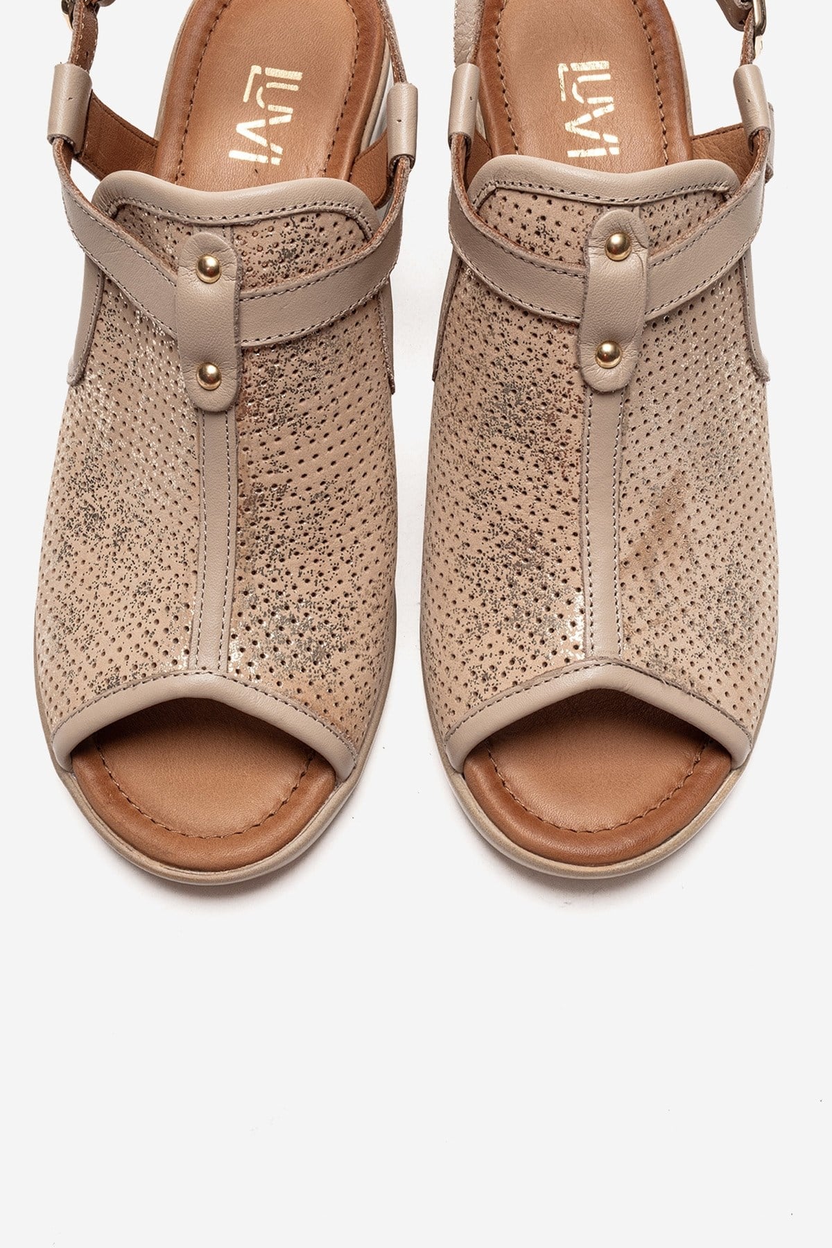 Janelle - Beige Genuine Leather Block Heel Sandal – side view showing leather, Vowalisse