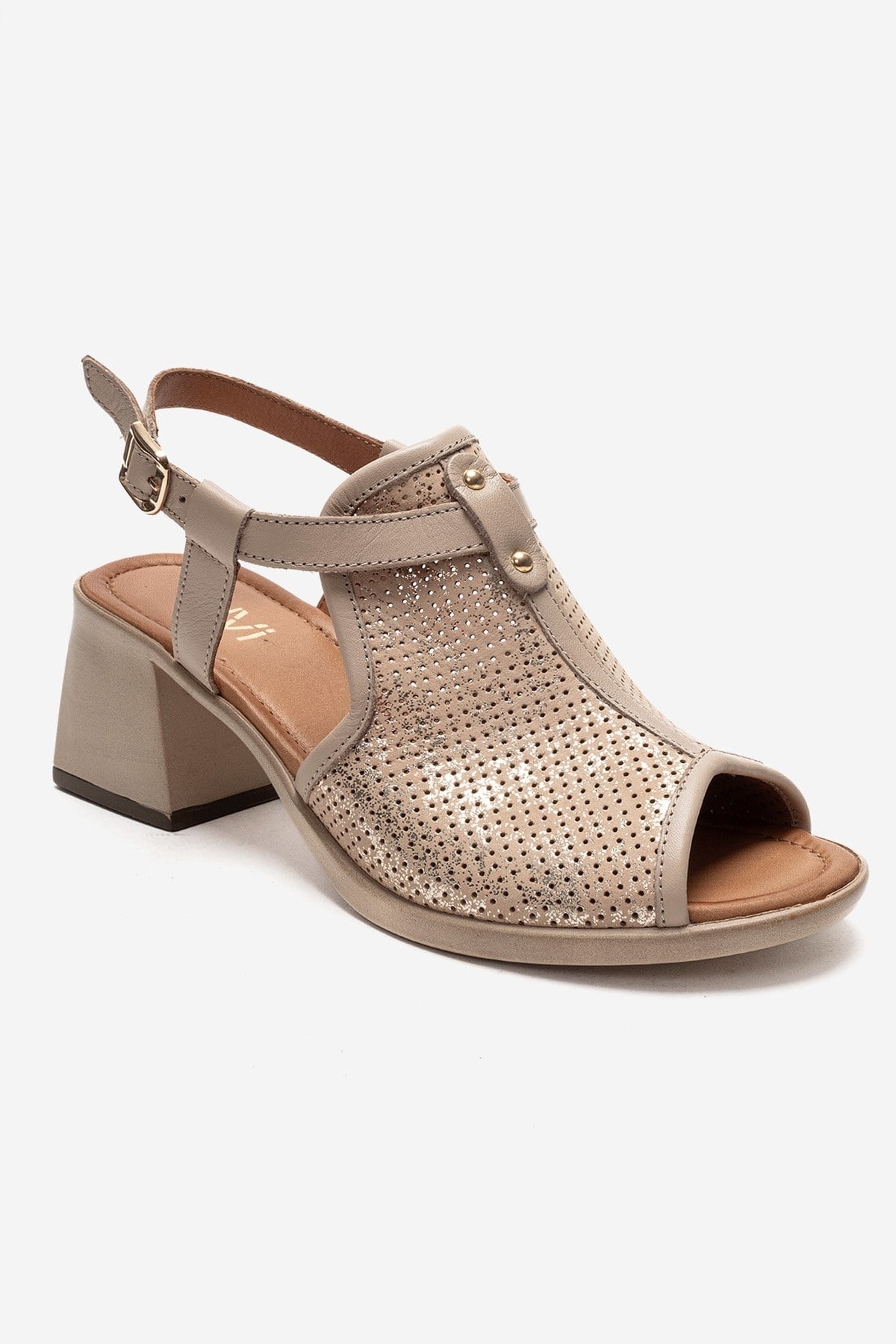 Janelle - Beige Genuine Leather Block Heel Sandal – detail view showing leather, Vowalisse