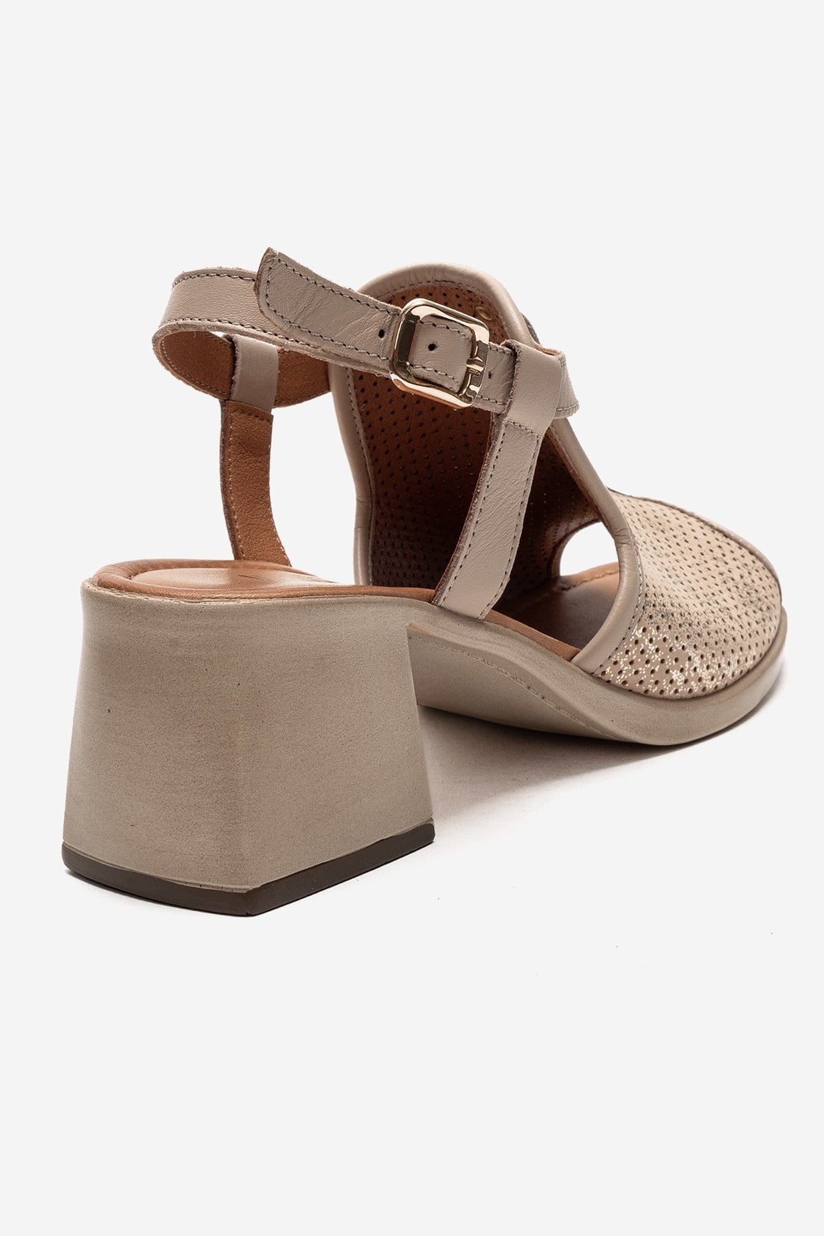 Janelle - Beige Genuine Leather Block Heel Sandal – back view showing leather, Vowalisse