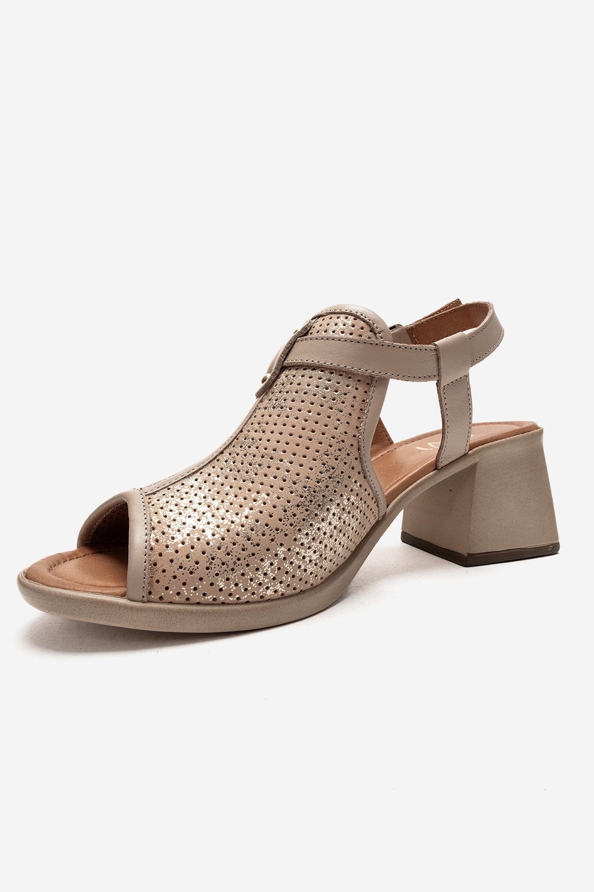 Janelle - Beige Genuine Leather Block Heel Sandal – top view showing leather, Vowalisse